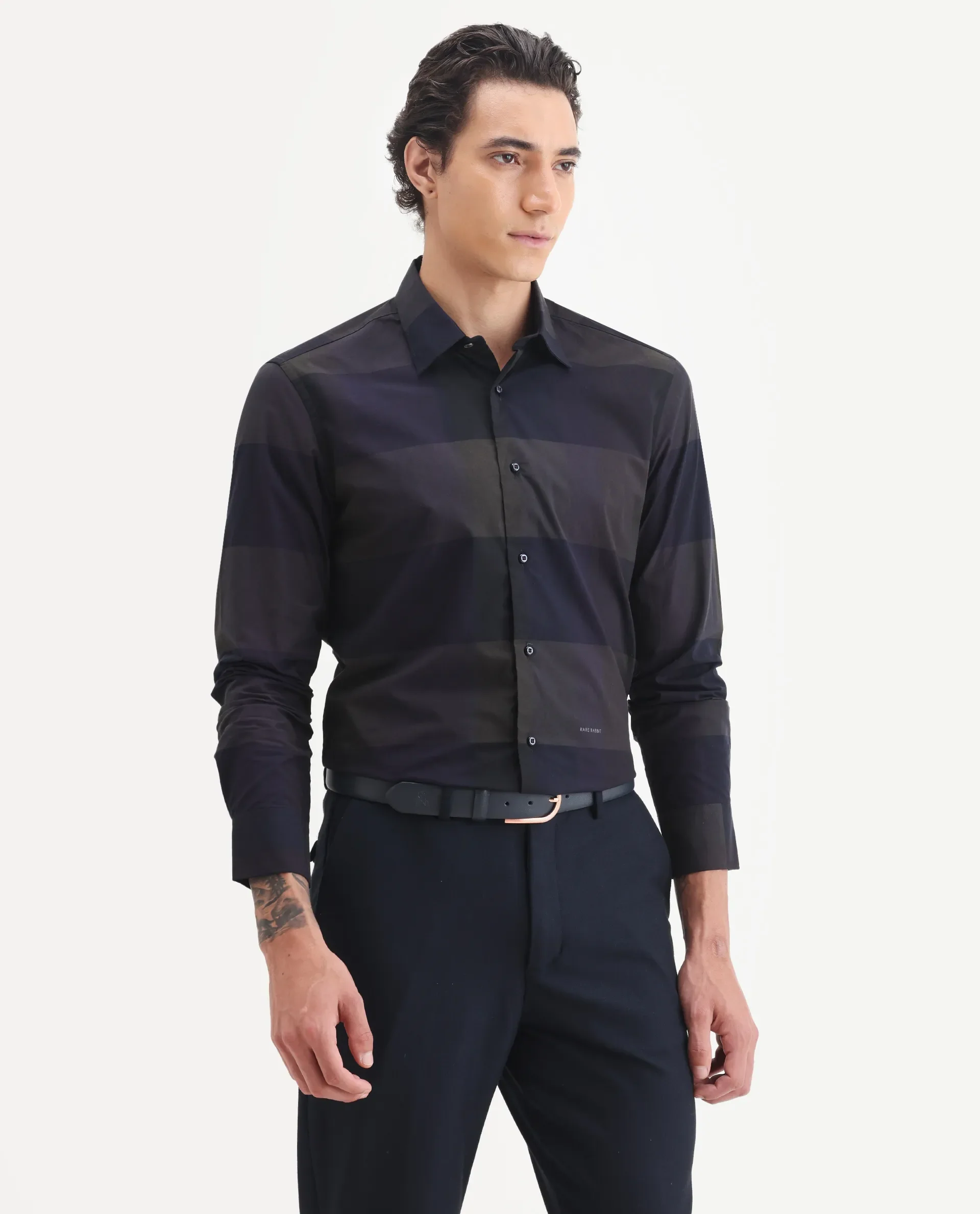Rare Rabbit Men's Tronte Navy Cotton Checked Print Regular Fit Full Sleeve Collared Shirt - Image 6