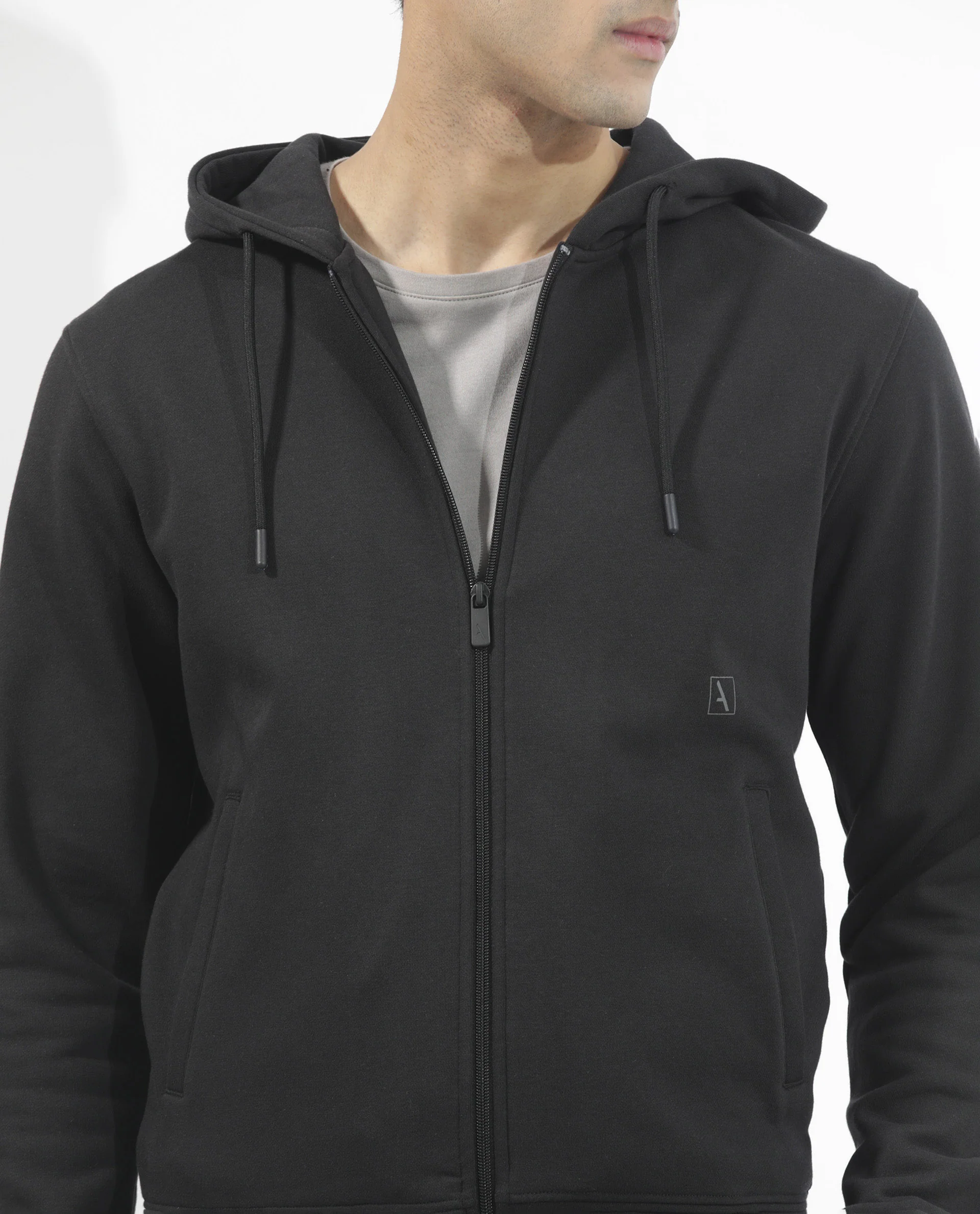 Rare Rabbit Men's Trood Black Cotton Fabric Full Sleeves Zip Closure Regular Fit Solid Hooded Sweatshirt - Image 2