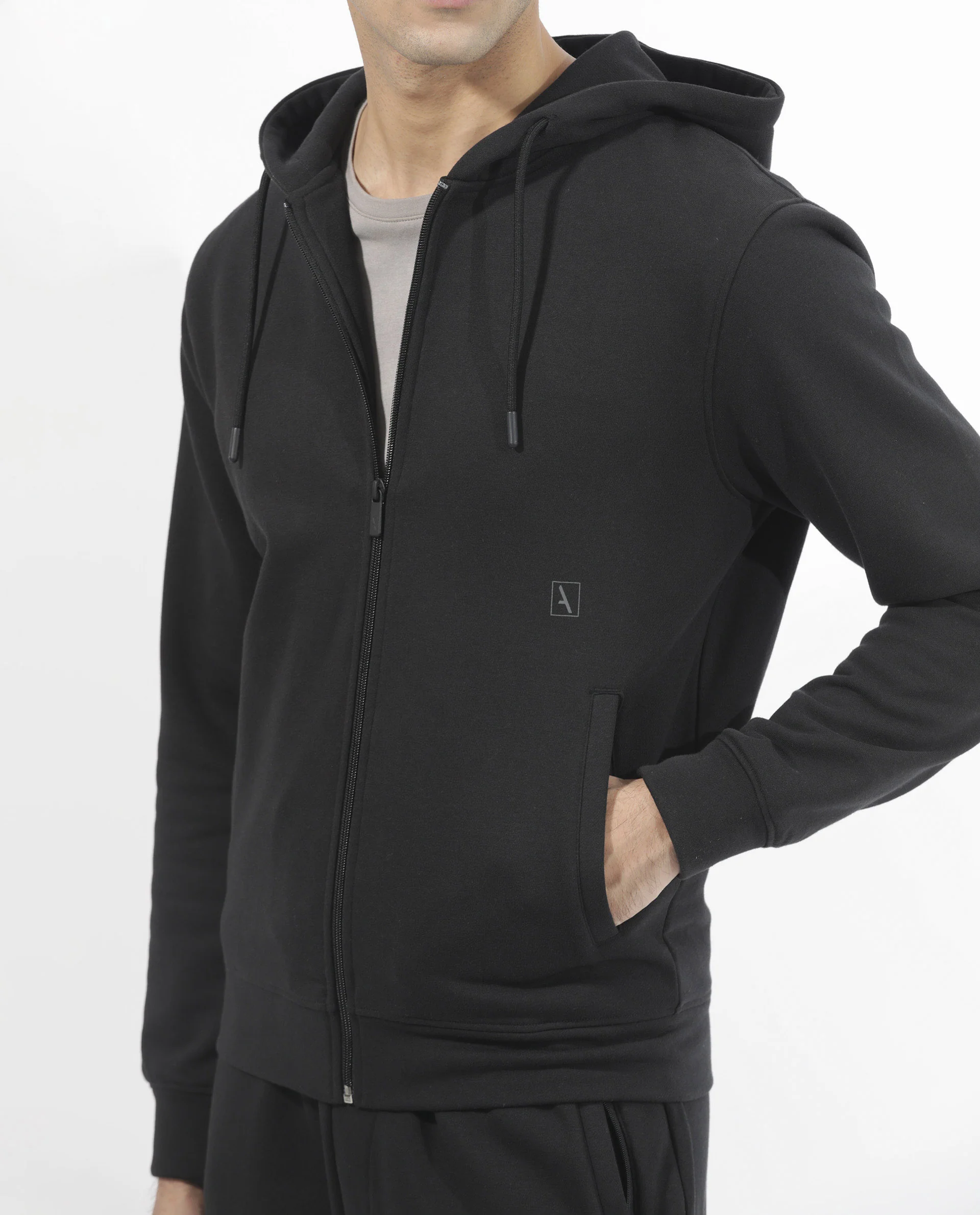 Rare Rabbit Men's Trood Black Cotton Fabric Full Sleeves Zip Closure Regular Fit Solid Hooded Sweatshirt - Image 5