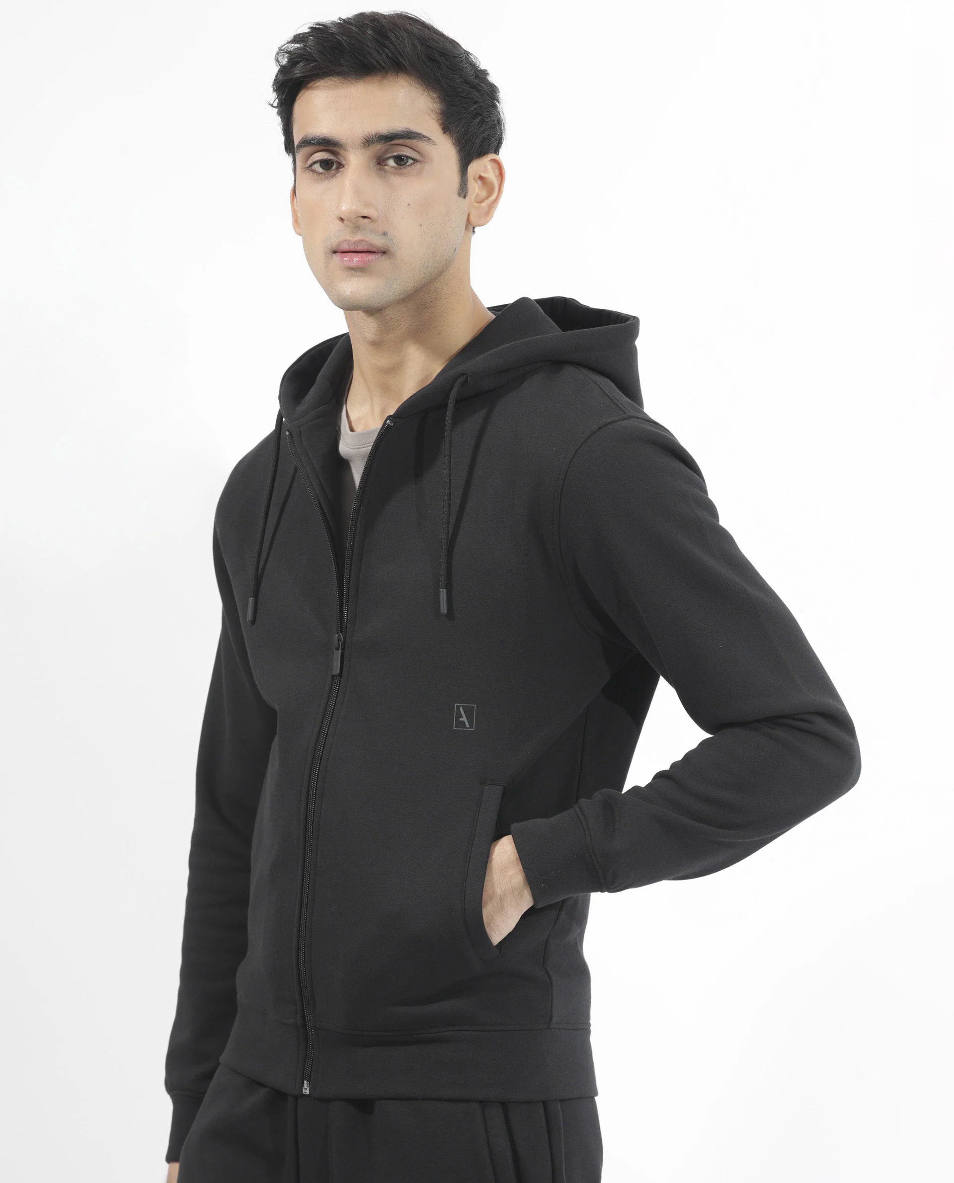 Rare Rabbit Men's Trood Black Cotton Fabric Full Sleeves Zip Closure Regular Fit Solid Hooded Sweatshirt - Image 7