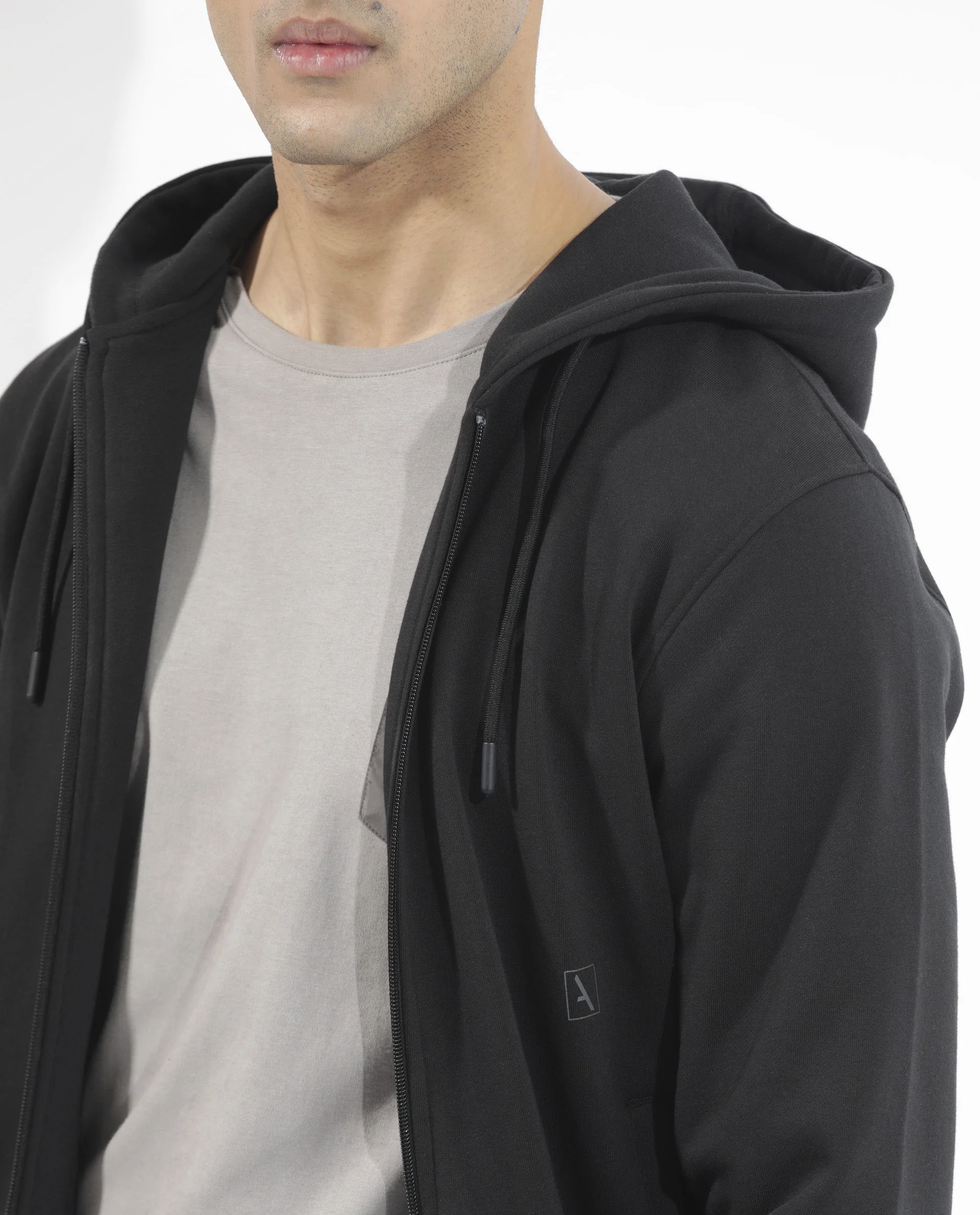 Rare Rabbit Men's Trood Black Cotton Fabric Full Sleeves Zip Closure Regular Fit Solid Hooded Sweatshirt - Image 8