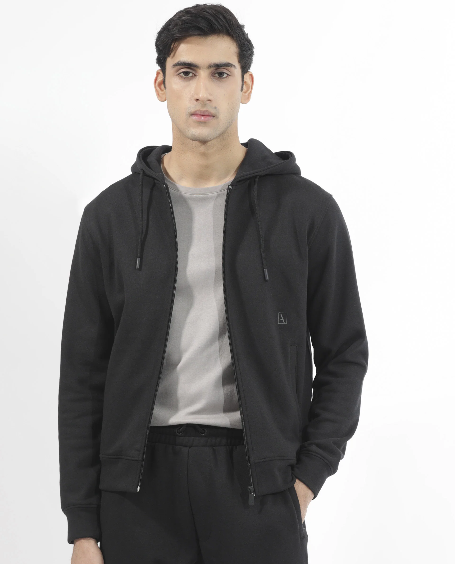 Rare Rabbit Men's Trood Black Cotton Fabric Full Sleeves Zip Closure Regular Fit Solid Hooded Sweatshirt - Image 9