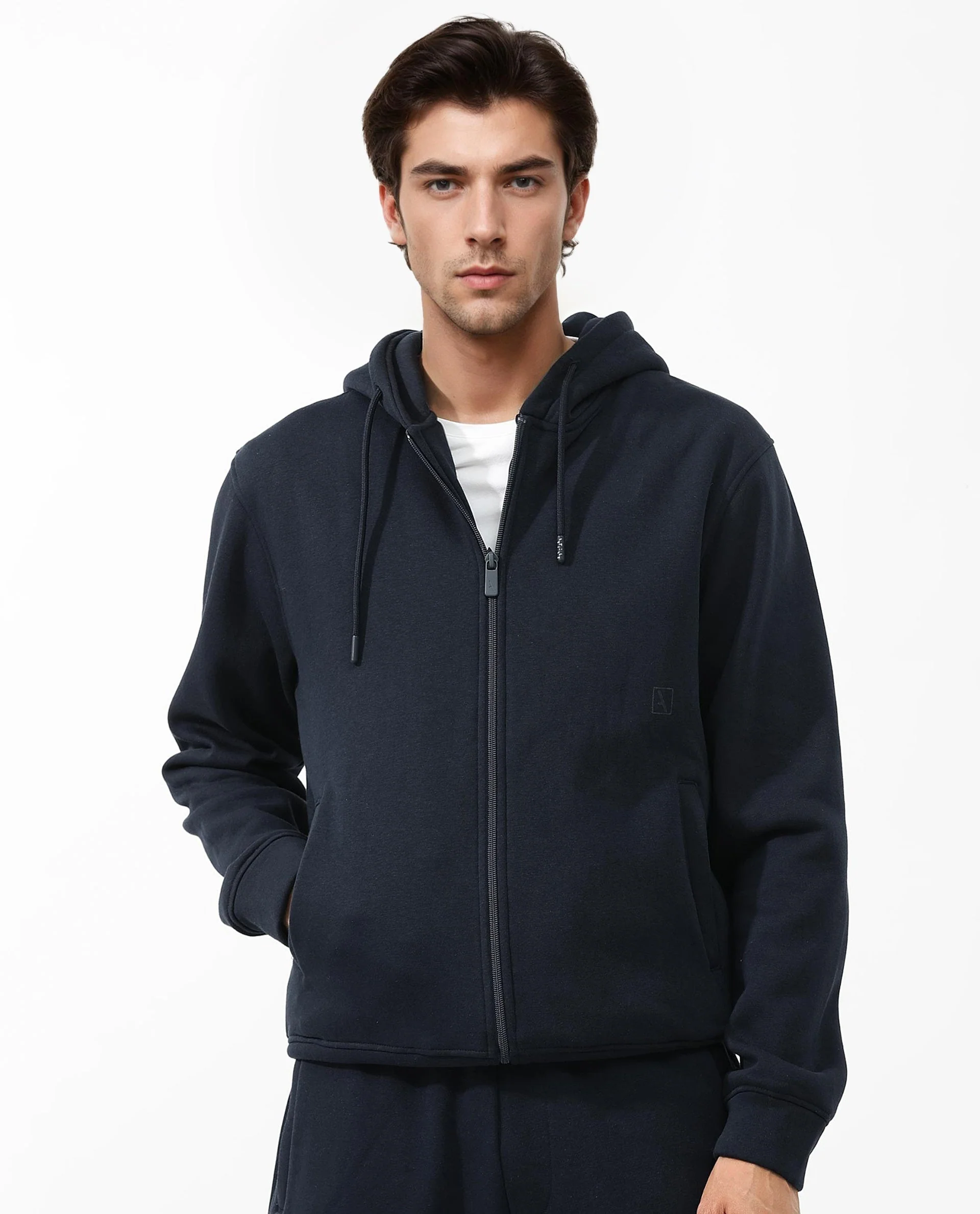 Rare Rabbit Men's Trood Navy Cotton Fabric Full Sleeves Zip Closure Regular Fit Solid Hooded Sweatshirt