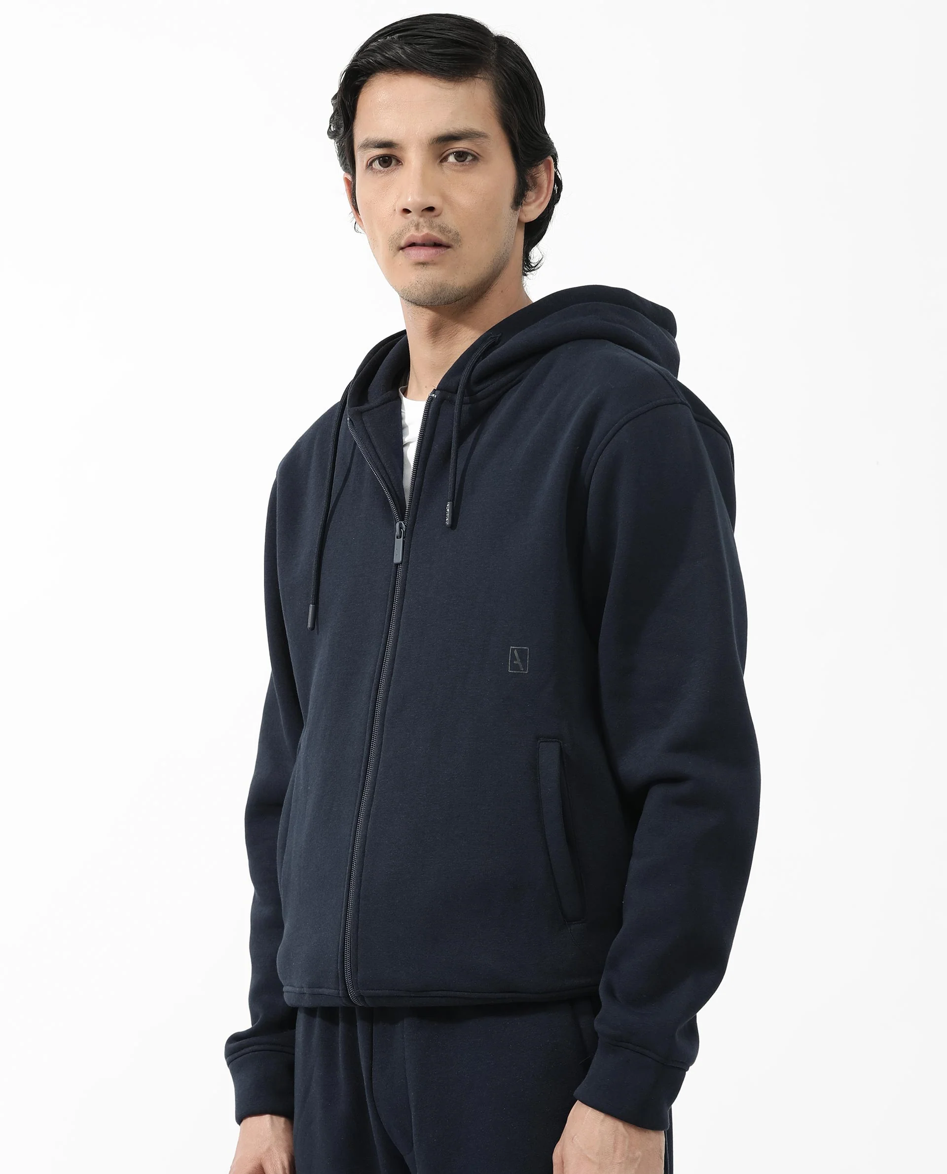 Rare Rabbit Men's Trood Navy Cotton Fabric Full Sleeves Zip Closure Regular Fit Solid Hooded Sweatshirt - Image 11