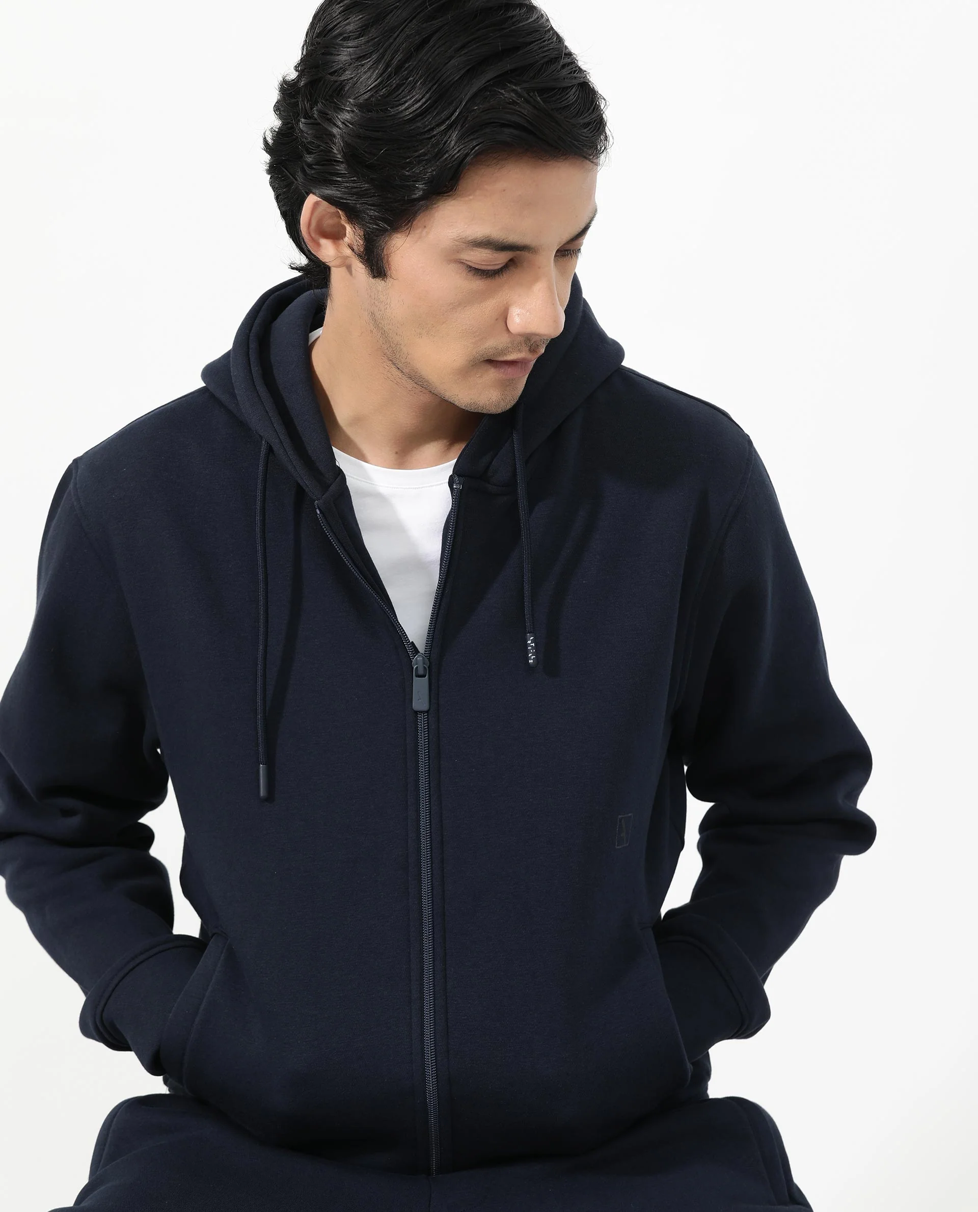Rare Rabbit Men's Trood Navy Cotton Fabric Full Sleeves Zip Closure Regular Fit Solid Hooded Sweatshirt - Image 2