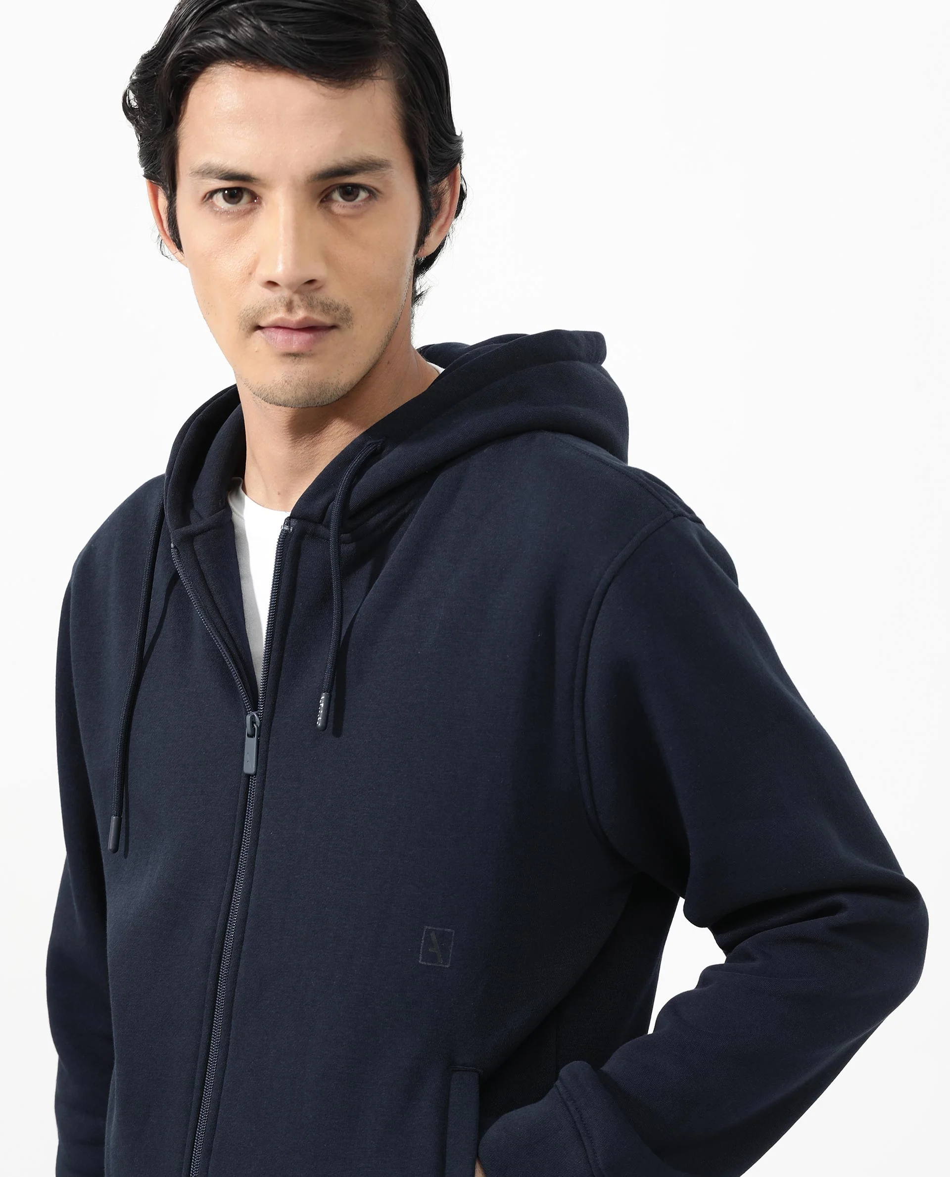 Rare Rabbit Men's Trood Navy Cotton Fabric Full Sleeves Zip Closure Regular Fit Solid Hooded Sweatshirt - Image 4