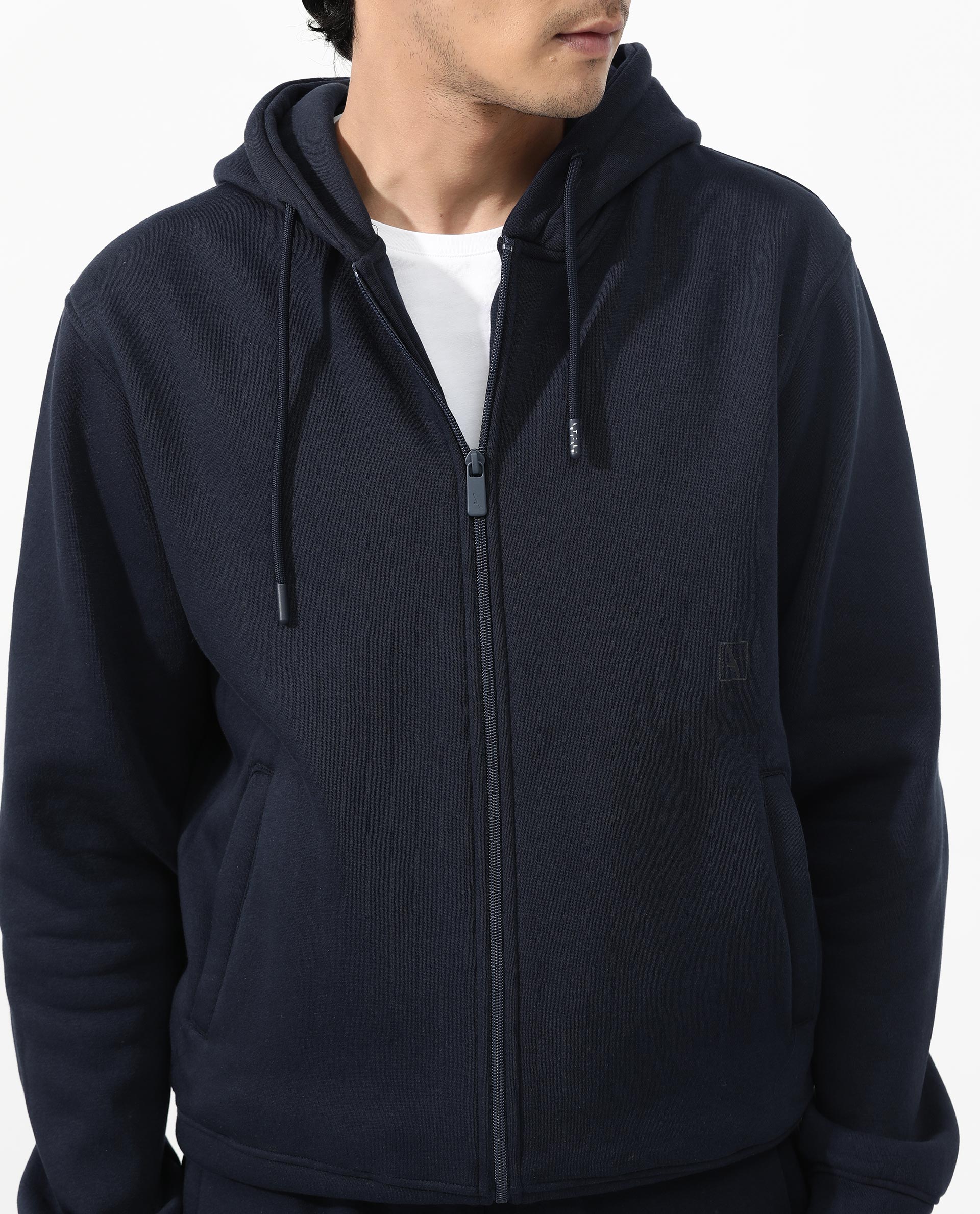 Rare Rabbit Men's Trood Navy Cotton Fabric Full Sleeves Zip Closure Regular Fit Solid Hooded Sweatshirt - Image 6