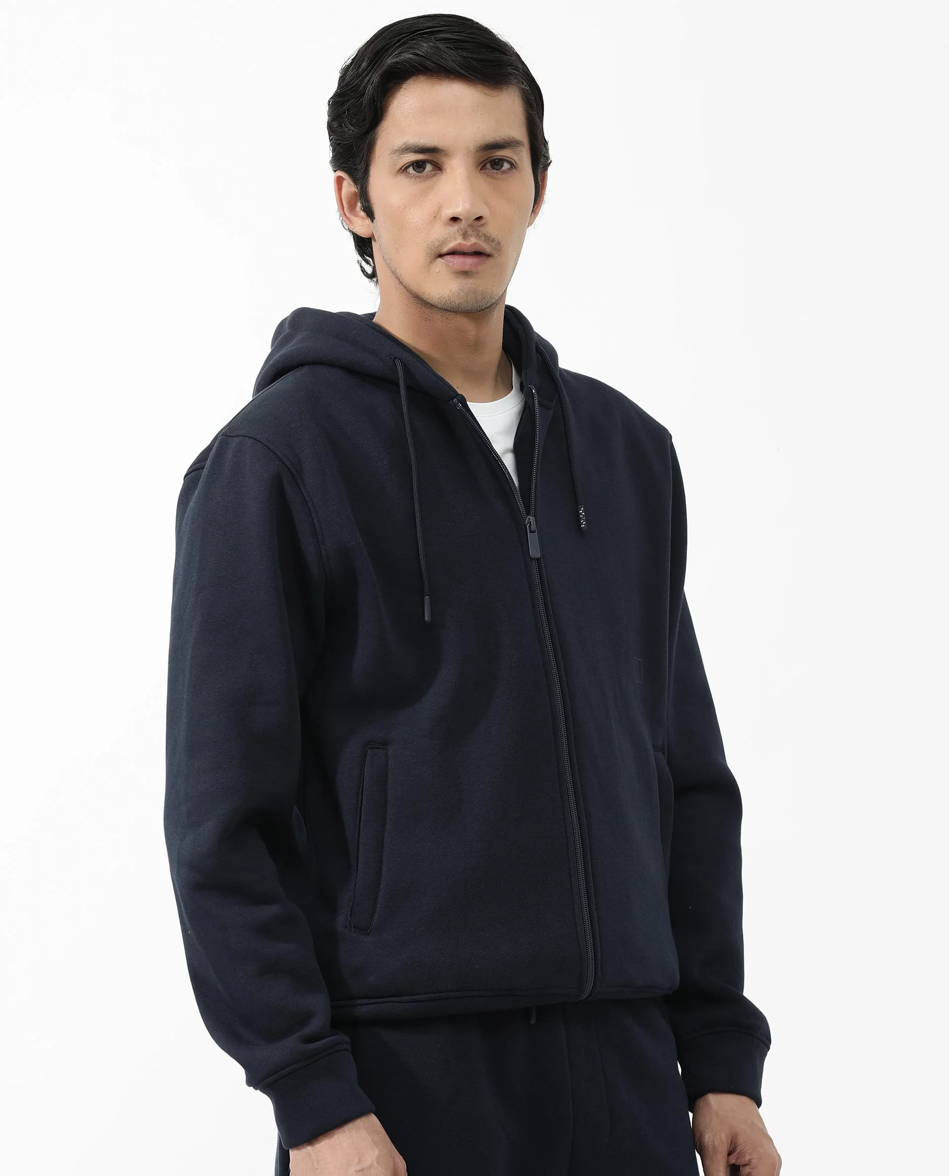 Rare Rabbit Men's Trood Navy Cotton Fabric Full Sleeves Zip Closure Regular Fit Solid Hooded Sweatshirt - Image 7