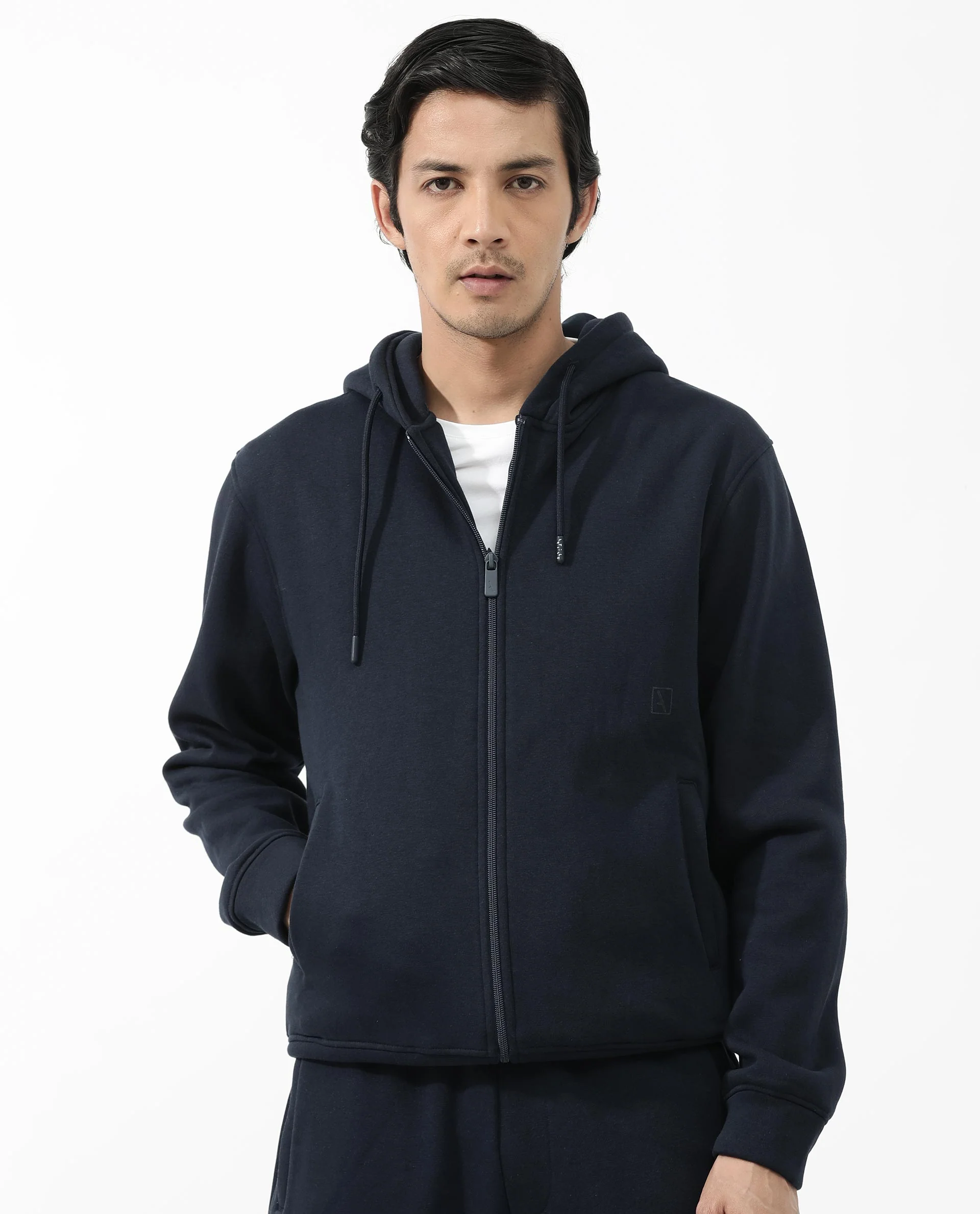 Rare Rabbit Men's Trood Navy Cotton Fabric Full Sleeves Zip Closure Regular Fit Solid Hooded Sweatshirt - Image 8
