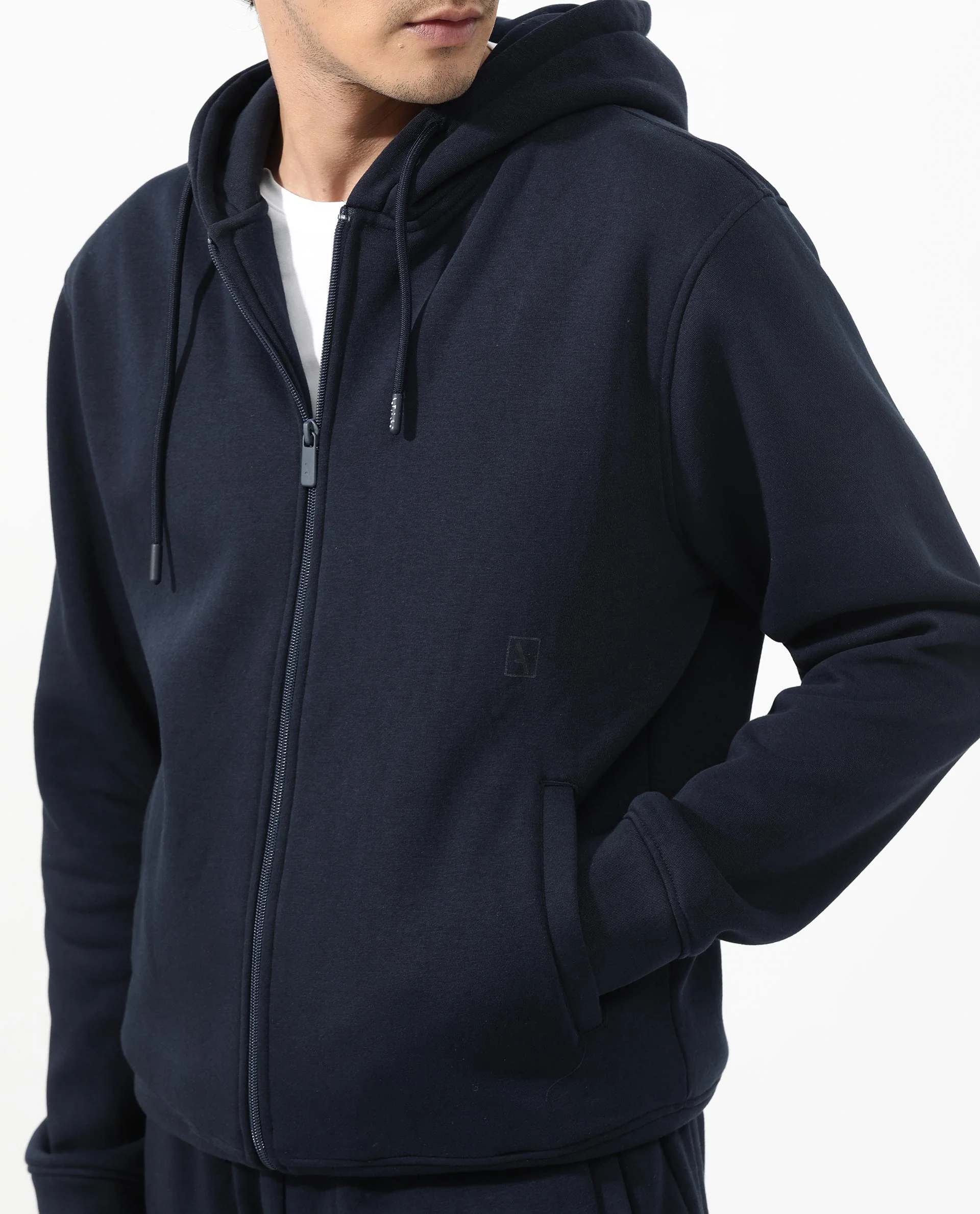 Rare Rabbit Men's Trood Navy Cotton Fabric Full Sleeves Zip Closure Regular Fit Solid Hooded Sweatshirt - Image 9