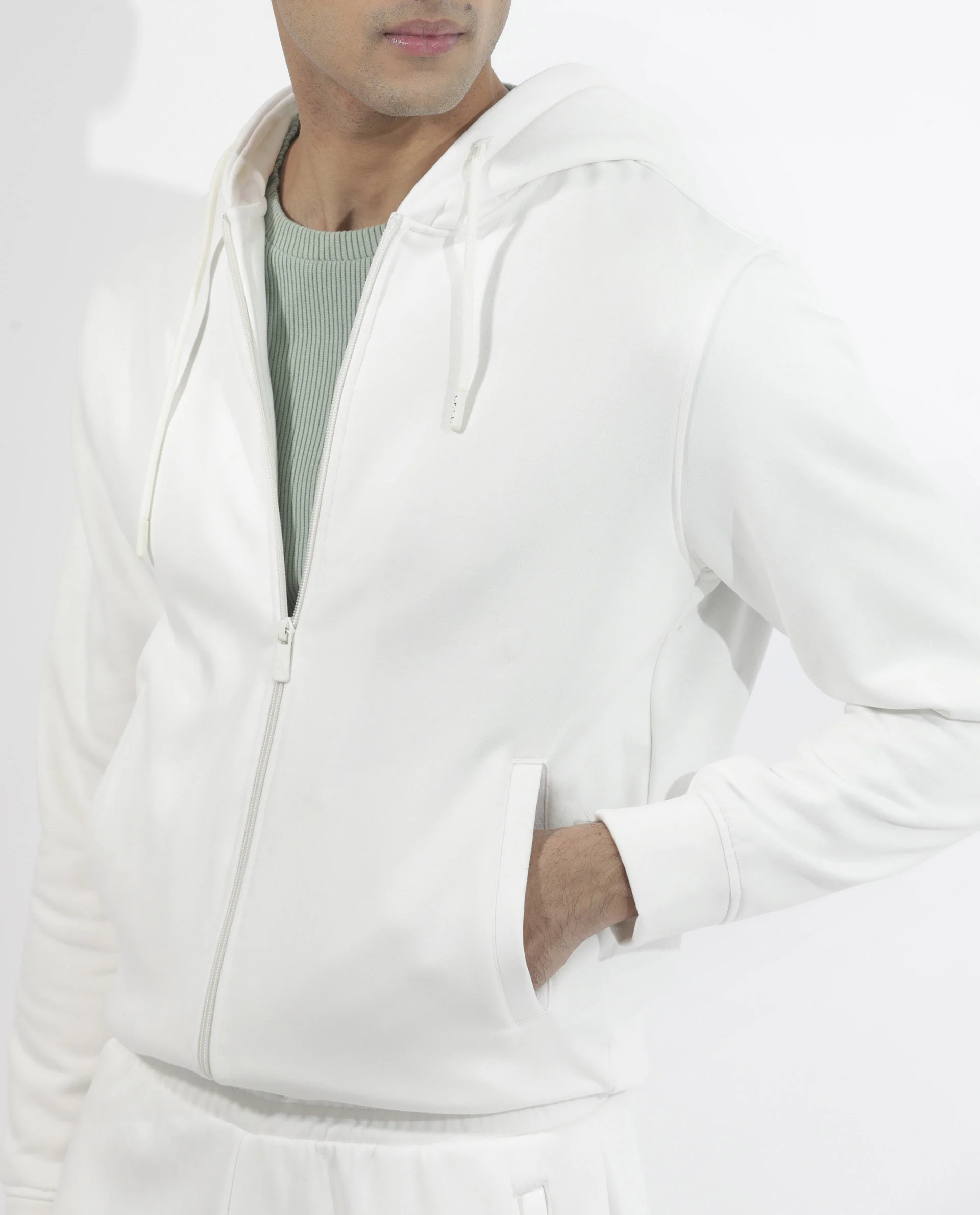 Rare Rabbit Men's Trood Off White Cotton Fabric Full Sleeves Zip Closure Regular Fit Solid Hooded Sweatshirt - Image 4