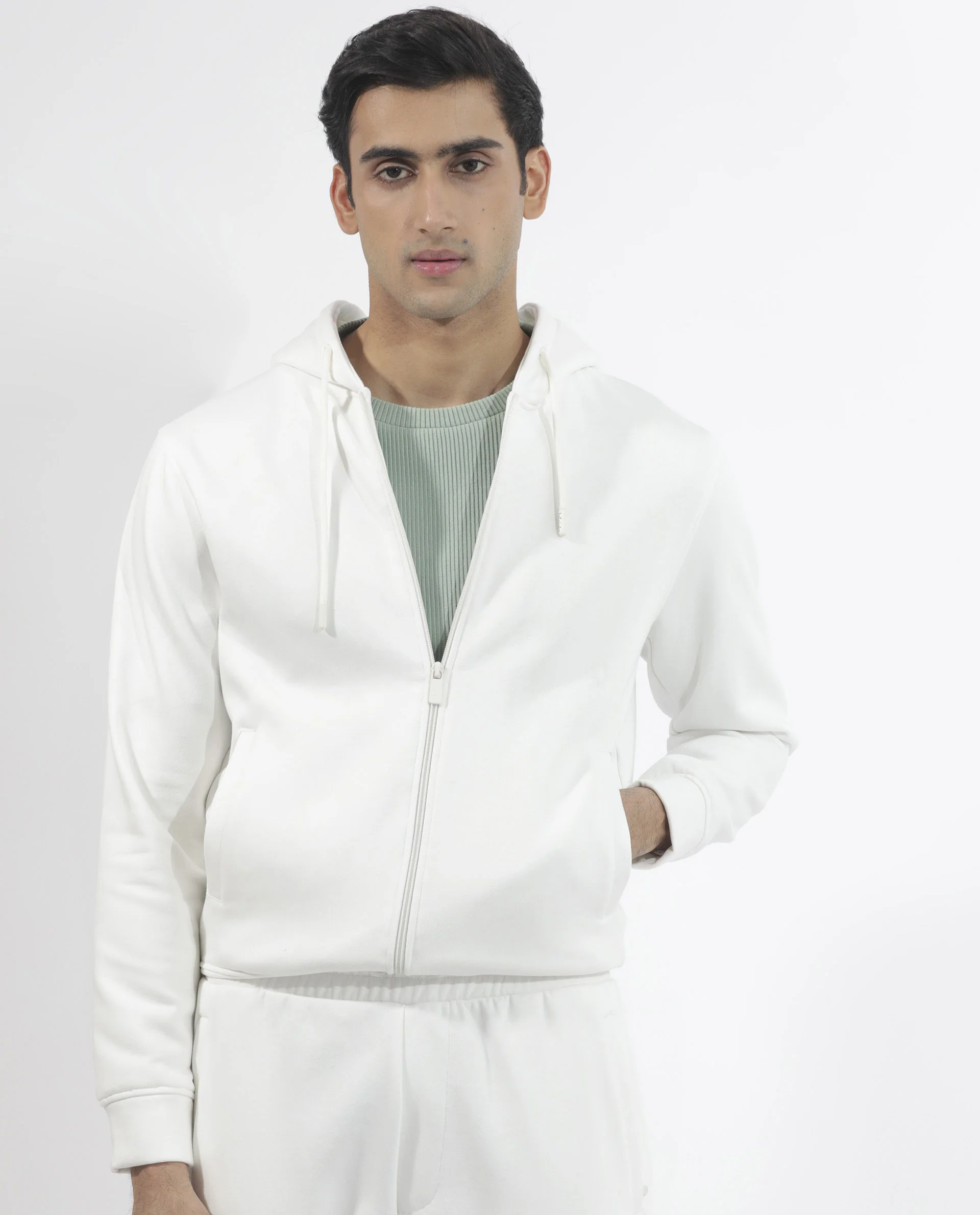 Rare Rabbit Men's Trood Off White Cotton Fabric Full Sleeves Zip Closure Regular Fit Solid Hooded Sweatshirt - Image 5