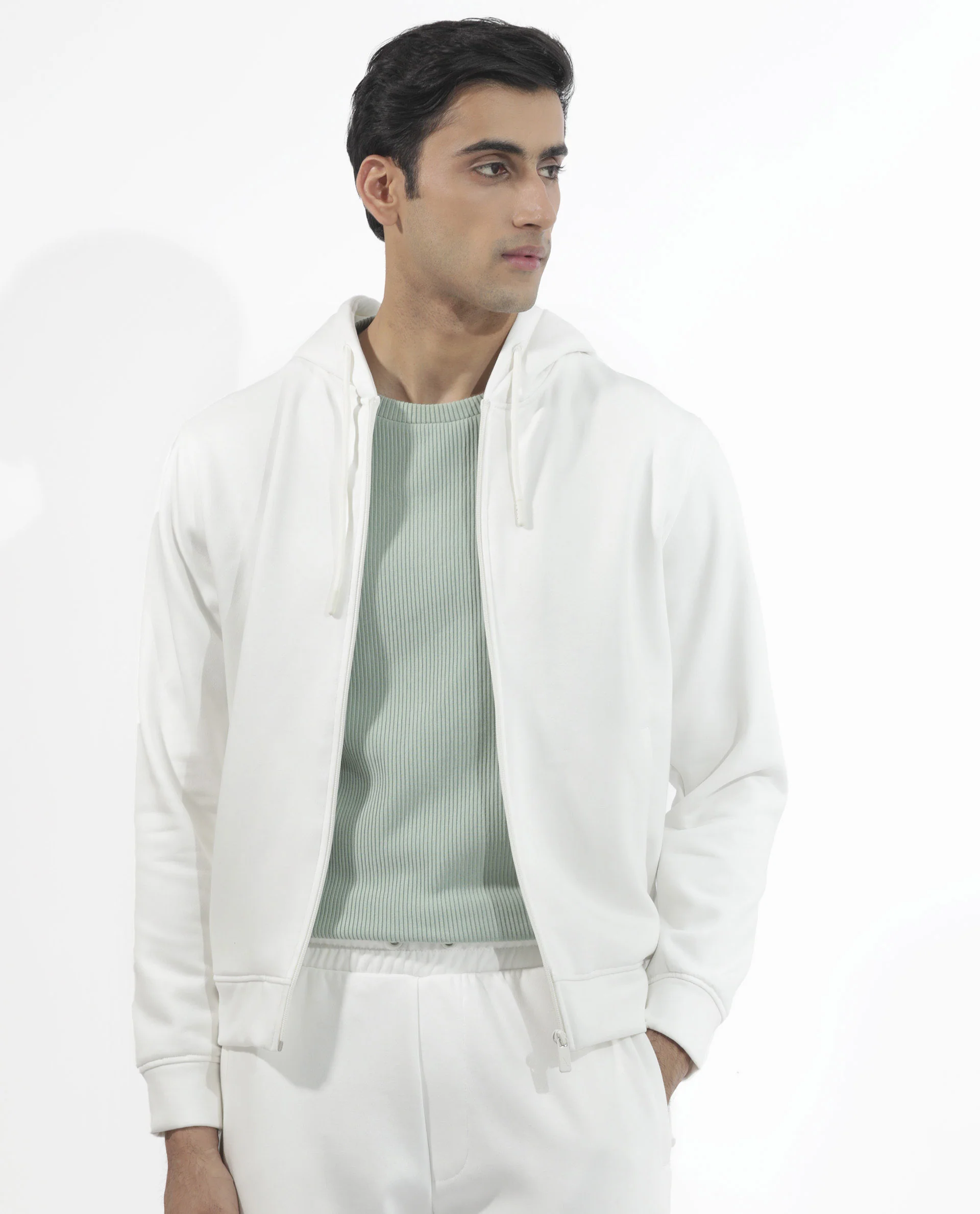 Rare Rabbit Men's Trood Off White Cotton Fabric Full Sleeves Zip Closure Regular Fit Solid Hooded Sweatshirt - Image 6
