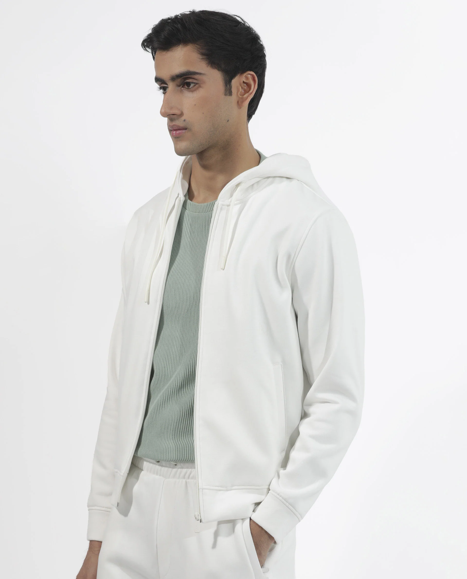 Rare Rabbit Men's Trood Off White Cotton Fabric Full Sleeves Zip Closure Regular Fit Solid Hooded Sweatshirt - Image 7