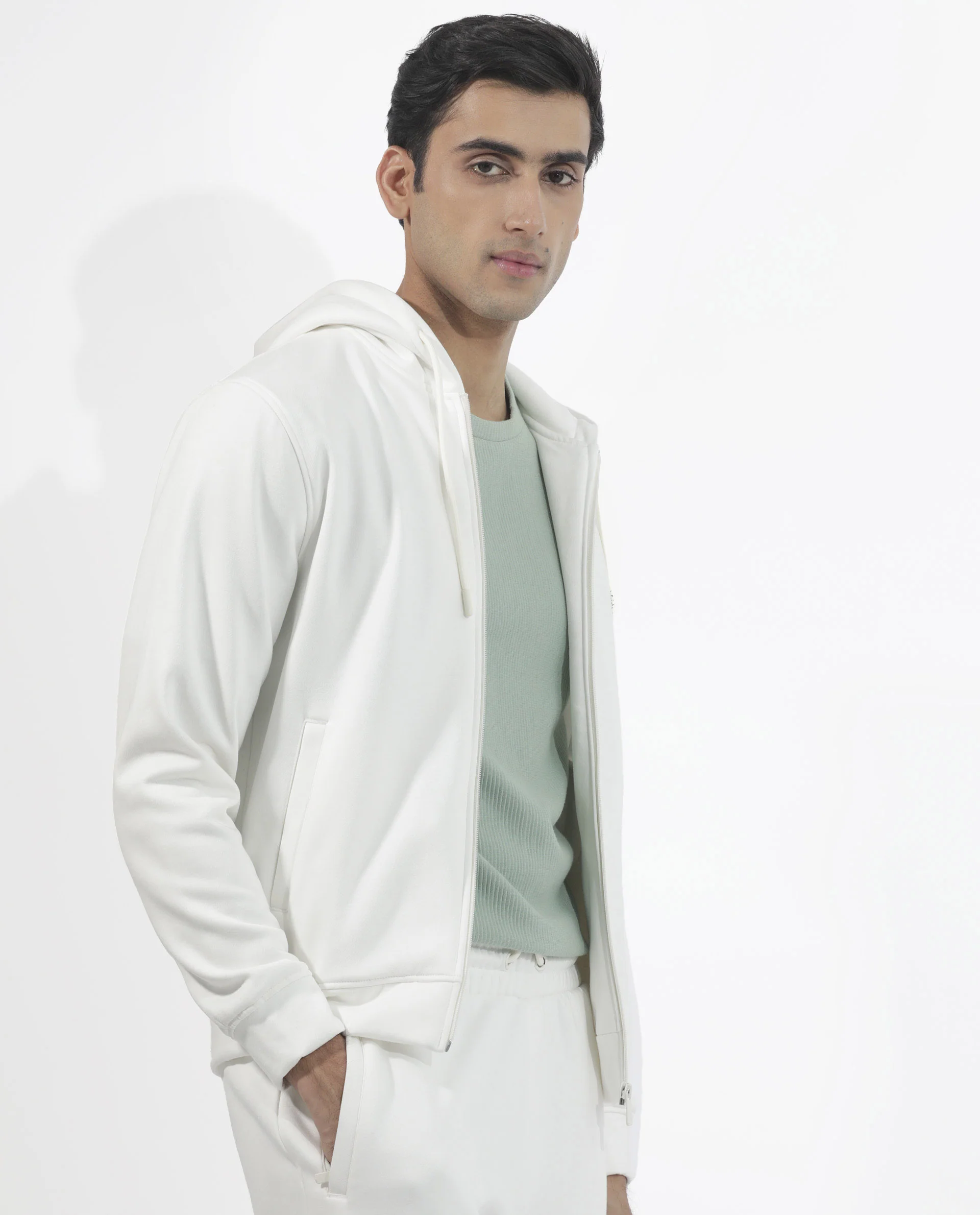 Rare Rabbit Men's Trood Off White Cotton Fabric Full Sleeves Zip Closure Regular Fit Solid Hooded Sweatshirt - Image 8