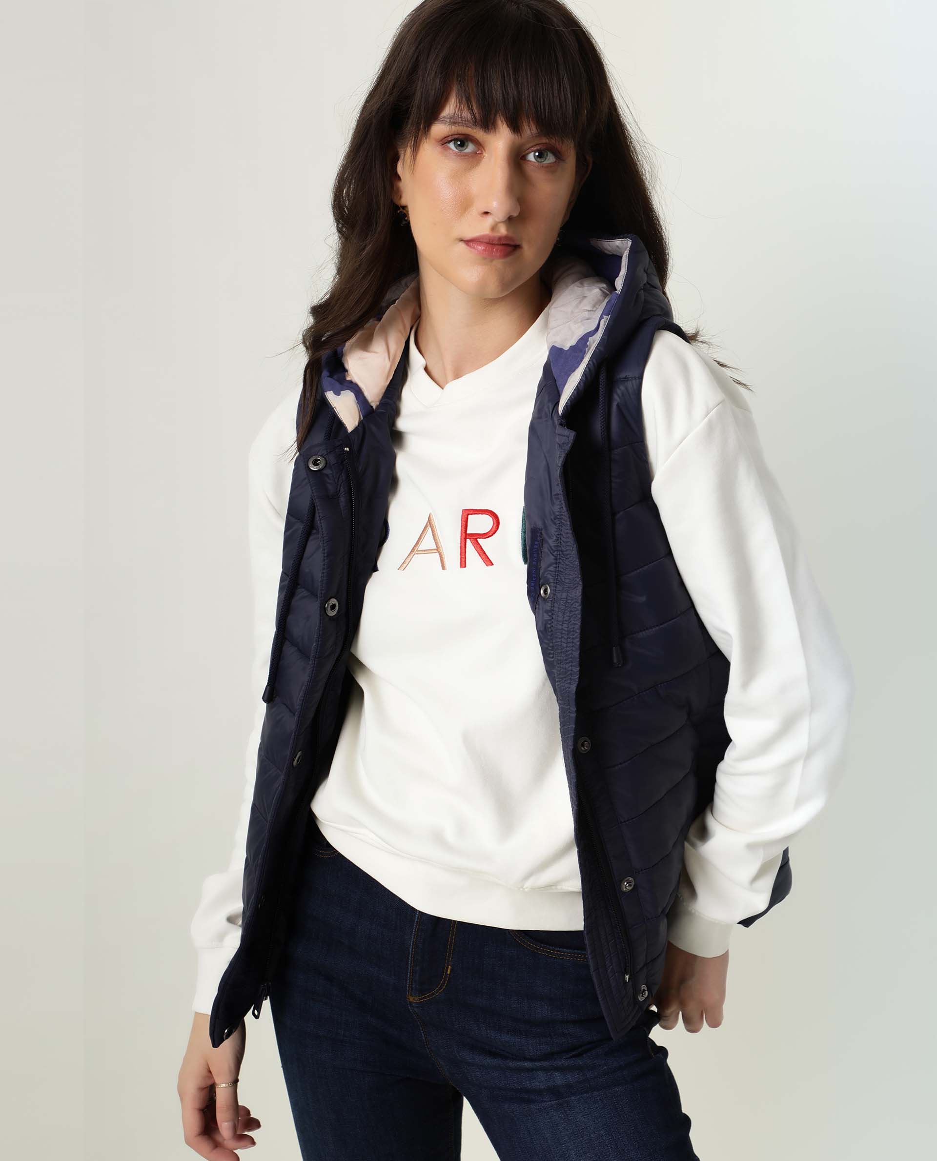 Rareism Women's Troop Navy Hooded Plain Sleeveless Regular Fit Jacket - Image 10