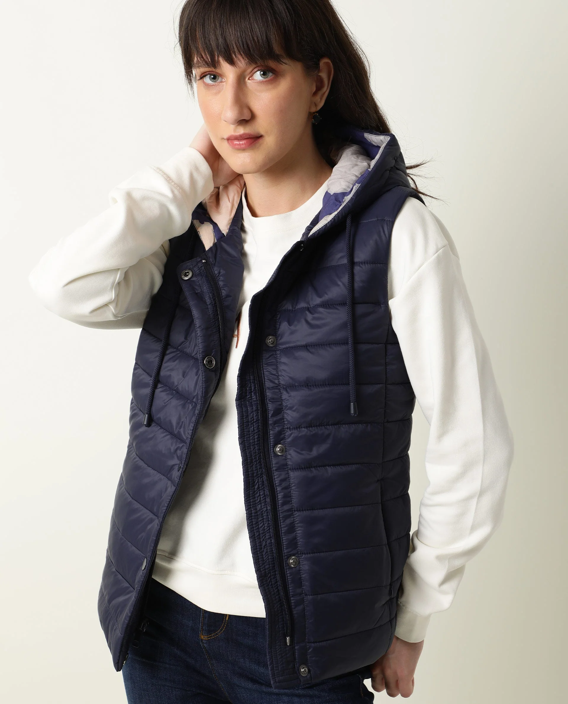 Rareism Women's Troop Navy Hooded Plain Sleeveless Regular Fit Jacket - Image 11