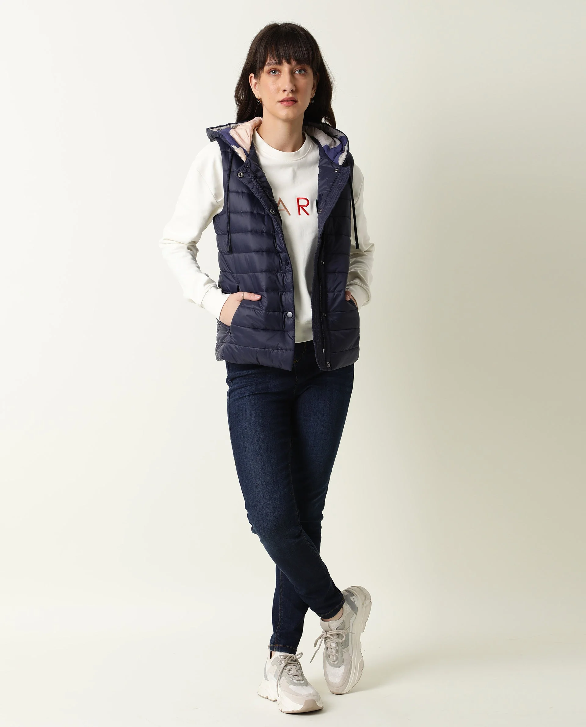 Rareism Women's Troop Navy Hooded Plain Sleeveless Regular Fit Jacket - Image 12
