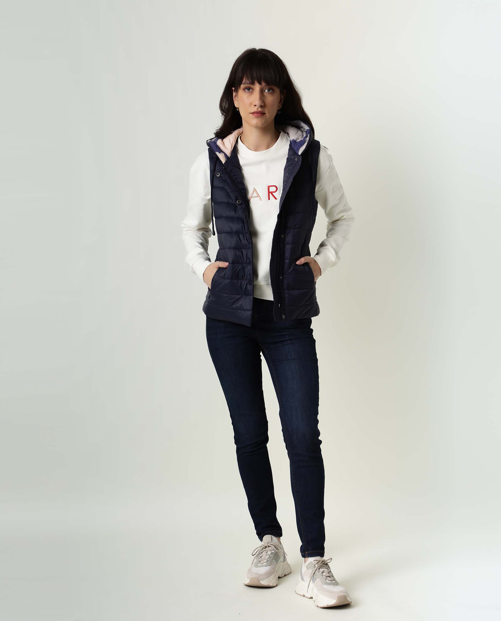 Rareism Women's Troop Navy Hooded Plain Sleeveless Regular Fit Jacket - Image 2