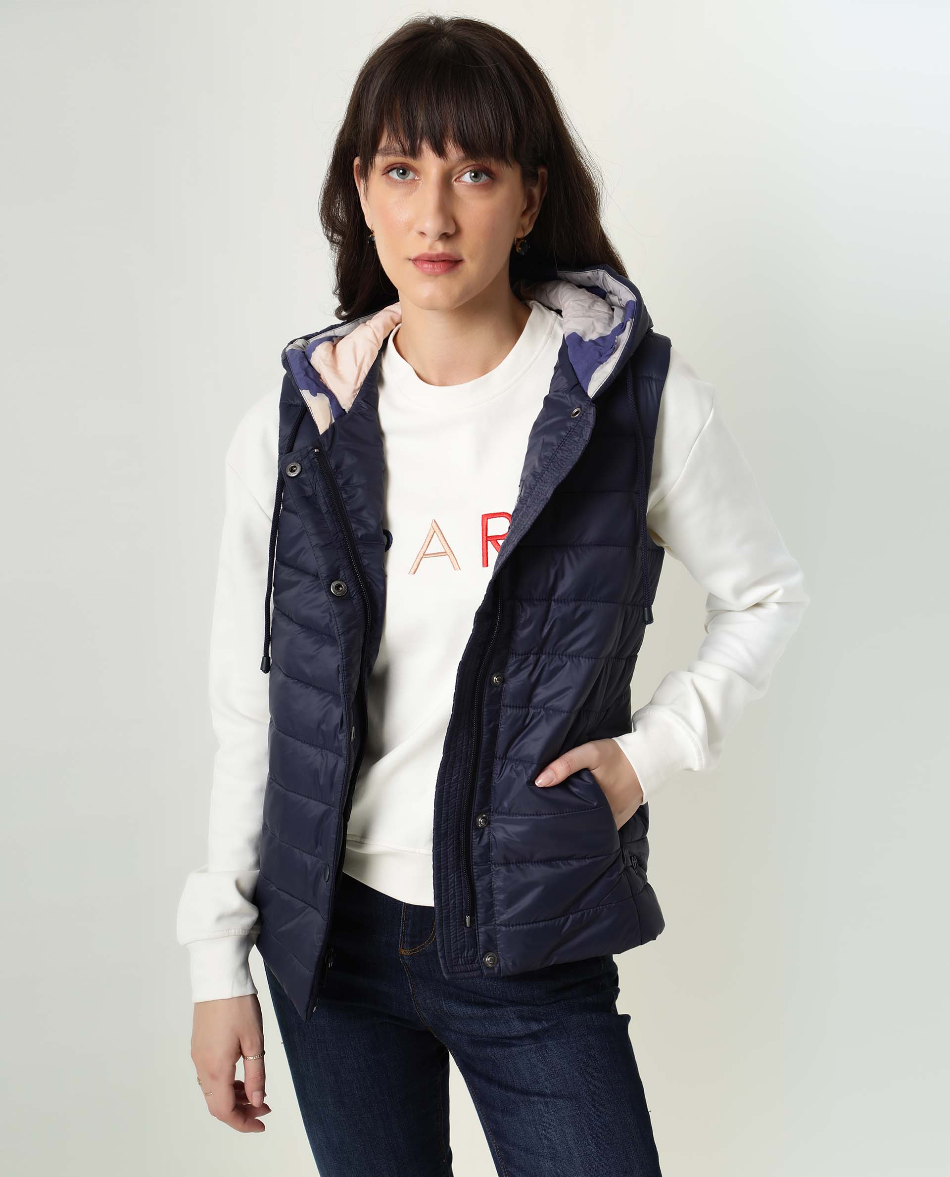 Rareism Women's Troop Navy Hooded Plain Sleeveless Regular Fit Jacket - Image 8