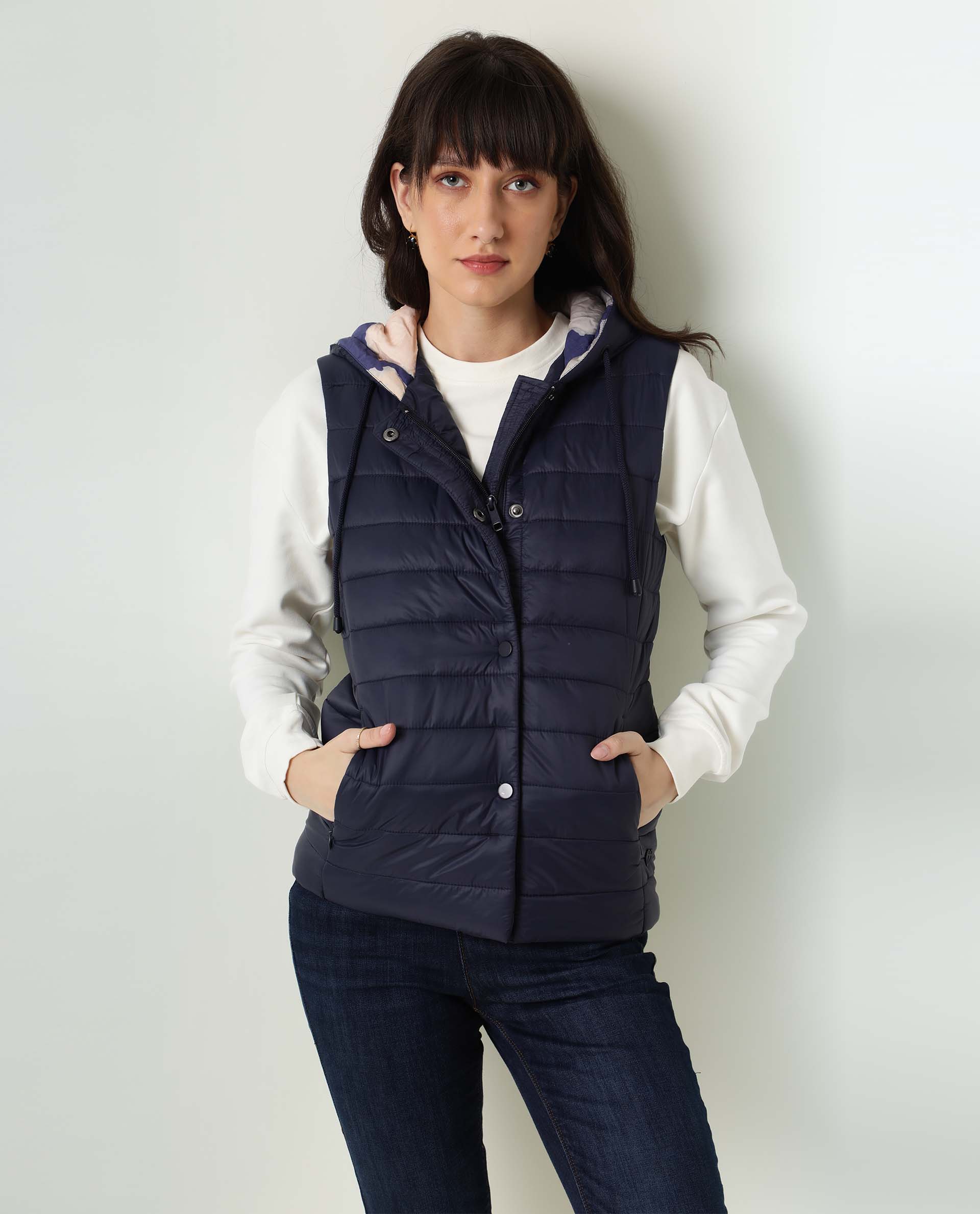 Rareism Women's Troop Navy Hooded Plain Sleeveless Regular Fit Jacket - Image 9