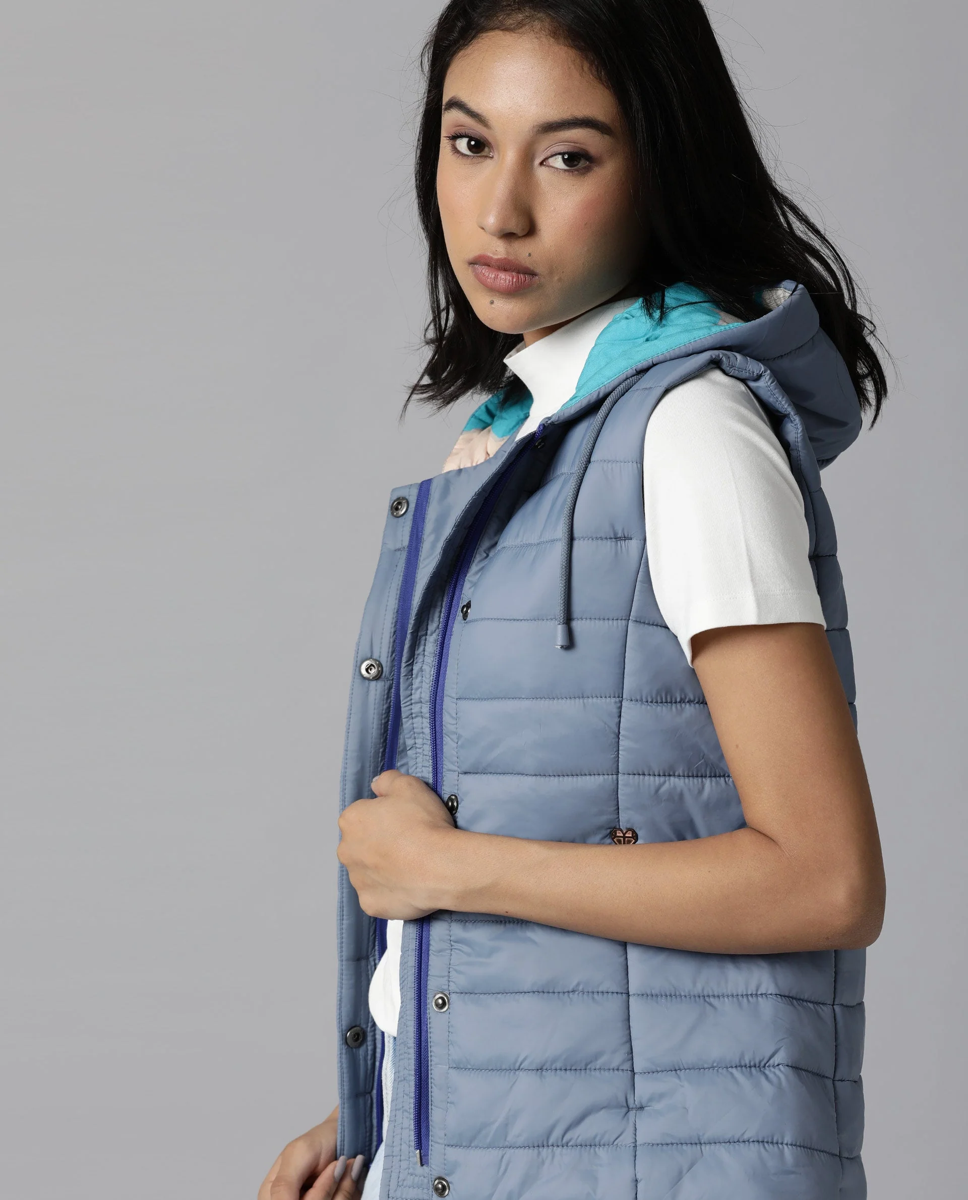 Rareism Women's Troop Blue Hooded Plain Sleeveless Regular Fit Jacket - Image 2