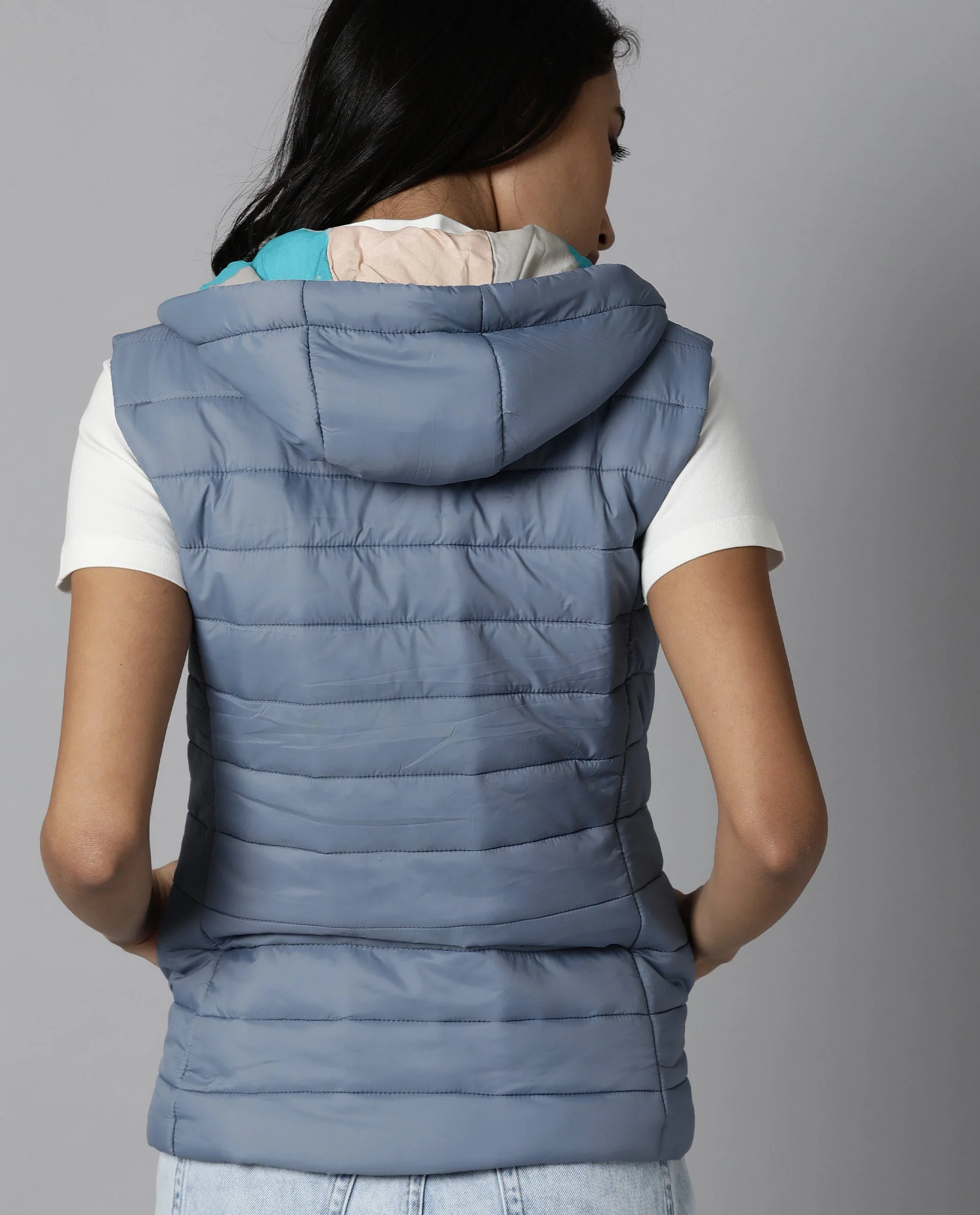 Rareism Women's Troop Blue Hooded Plain Sleeveless Regular Fit Jacket - Image 3