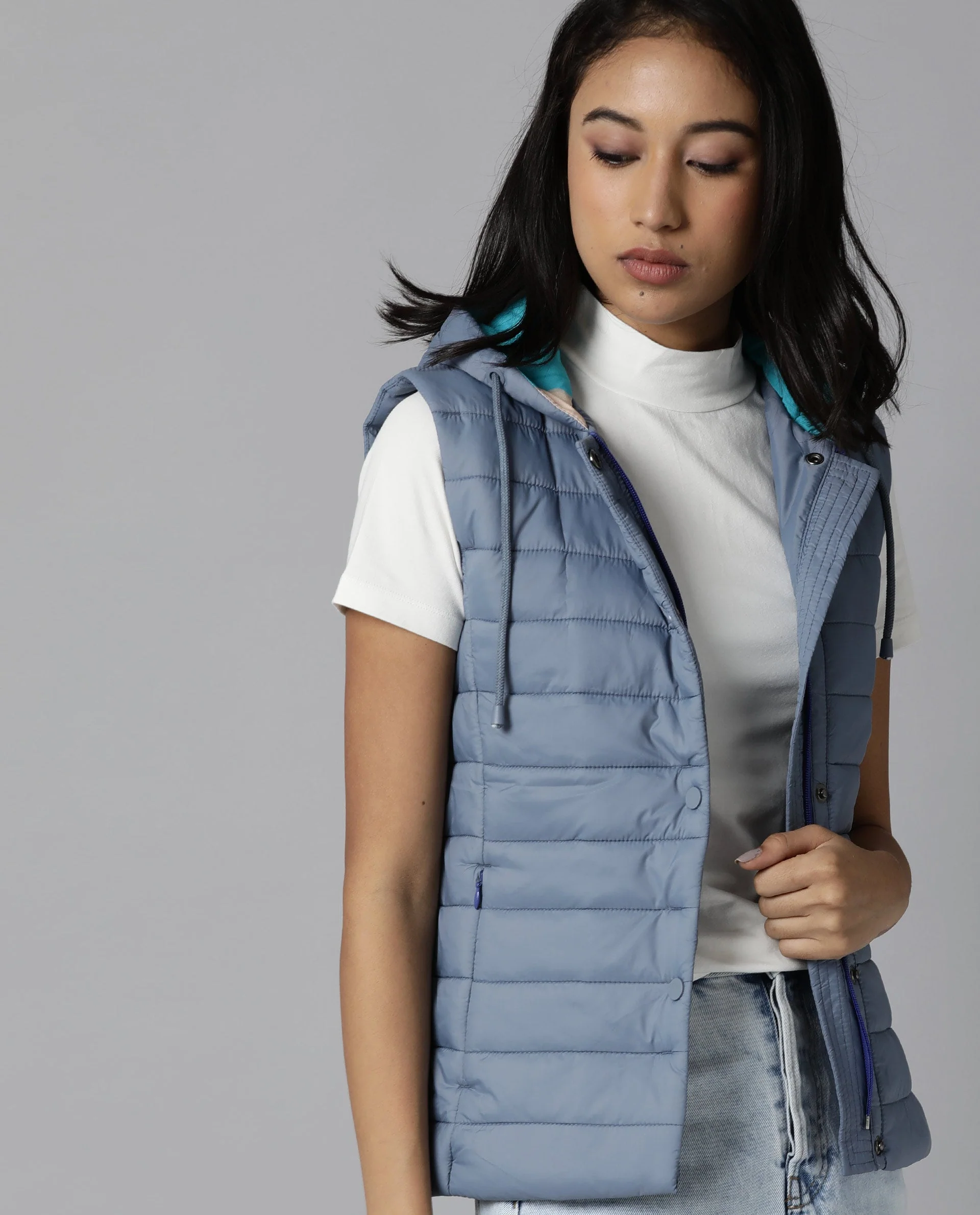 Rareism Women's Troop Blue Hooded Plain Sleeveless Regular Fit Jacket - Image 5