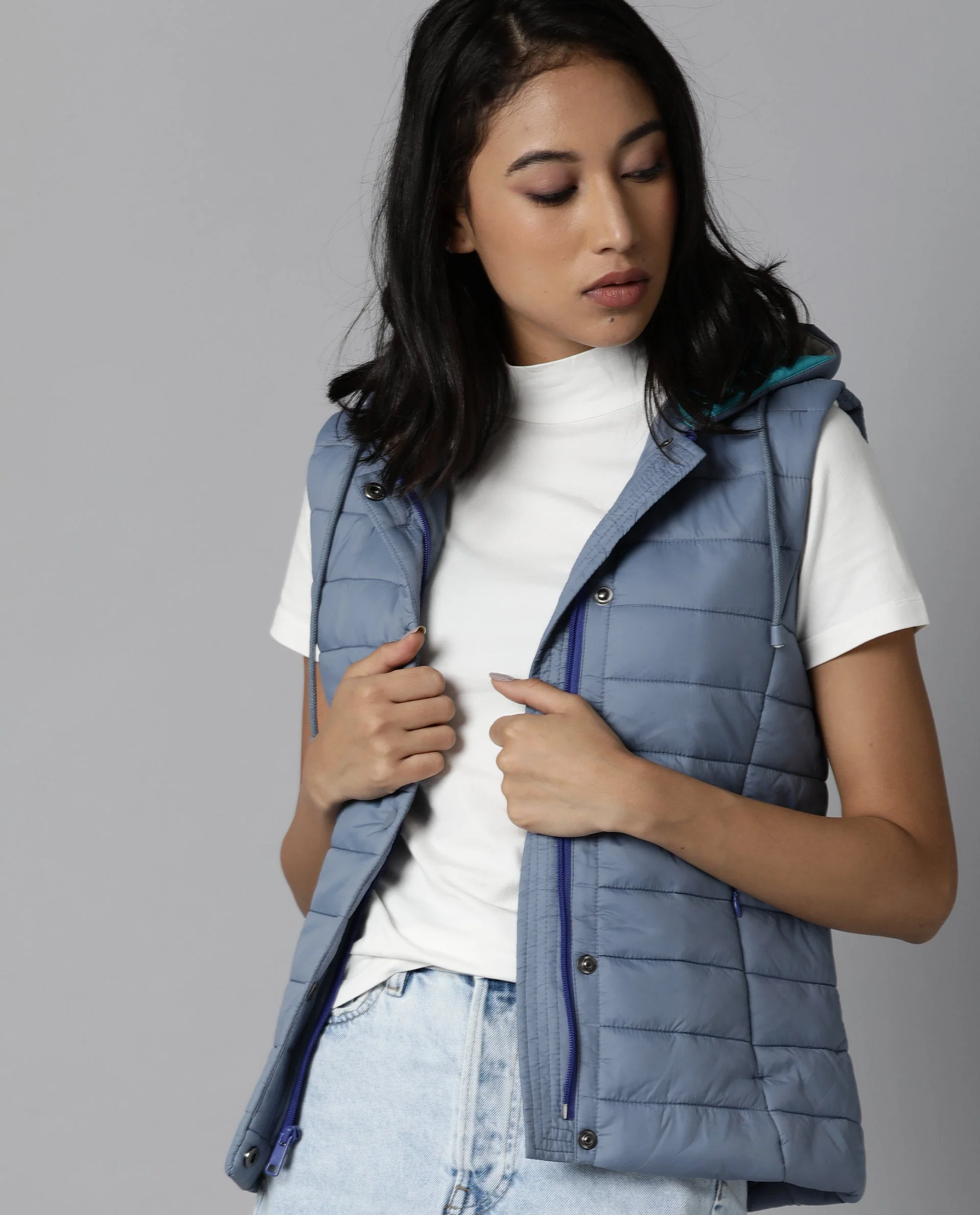 Rareism Women's Troop Blue Hooded Plain Sleeveless Regular Fit Jacket - Image 6
