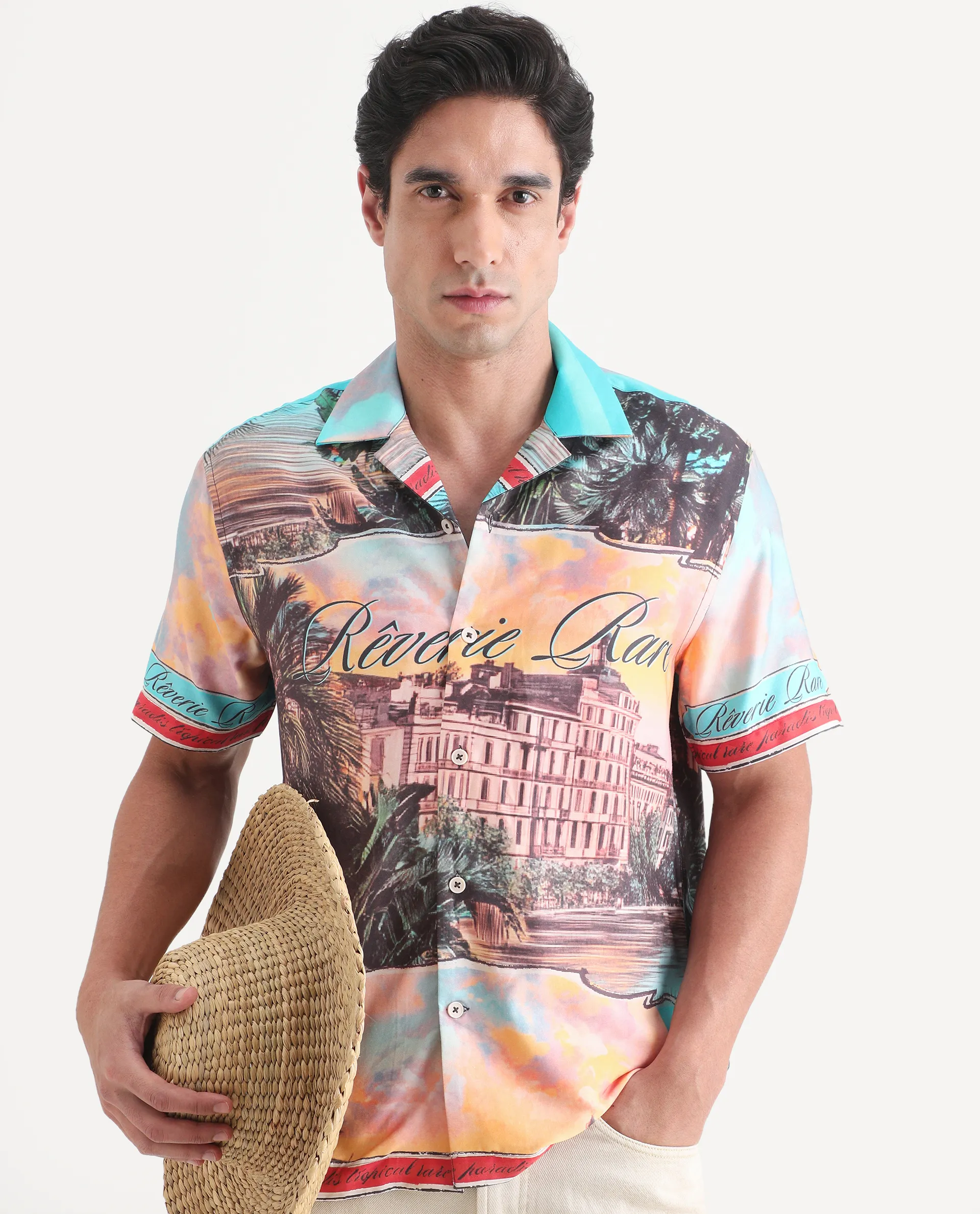 Rare Rabbit Men's Trop Multi Cotton Blend Fabric Half Sleeve Cuban Collar Regular Fit Tropical Print Shirt