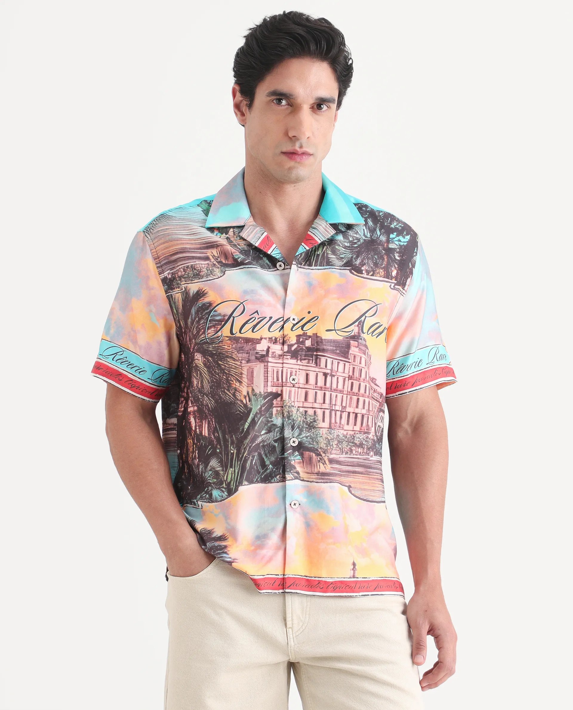 Rare Rabbit Men's Trop Multi Cotton Blend Fabric Half Sleeve Cuban Collar Regular Fit Tropical Print Shirt - Image 4