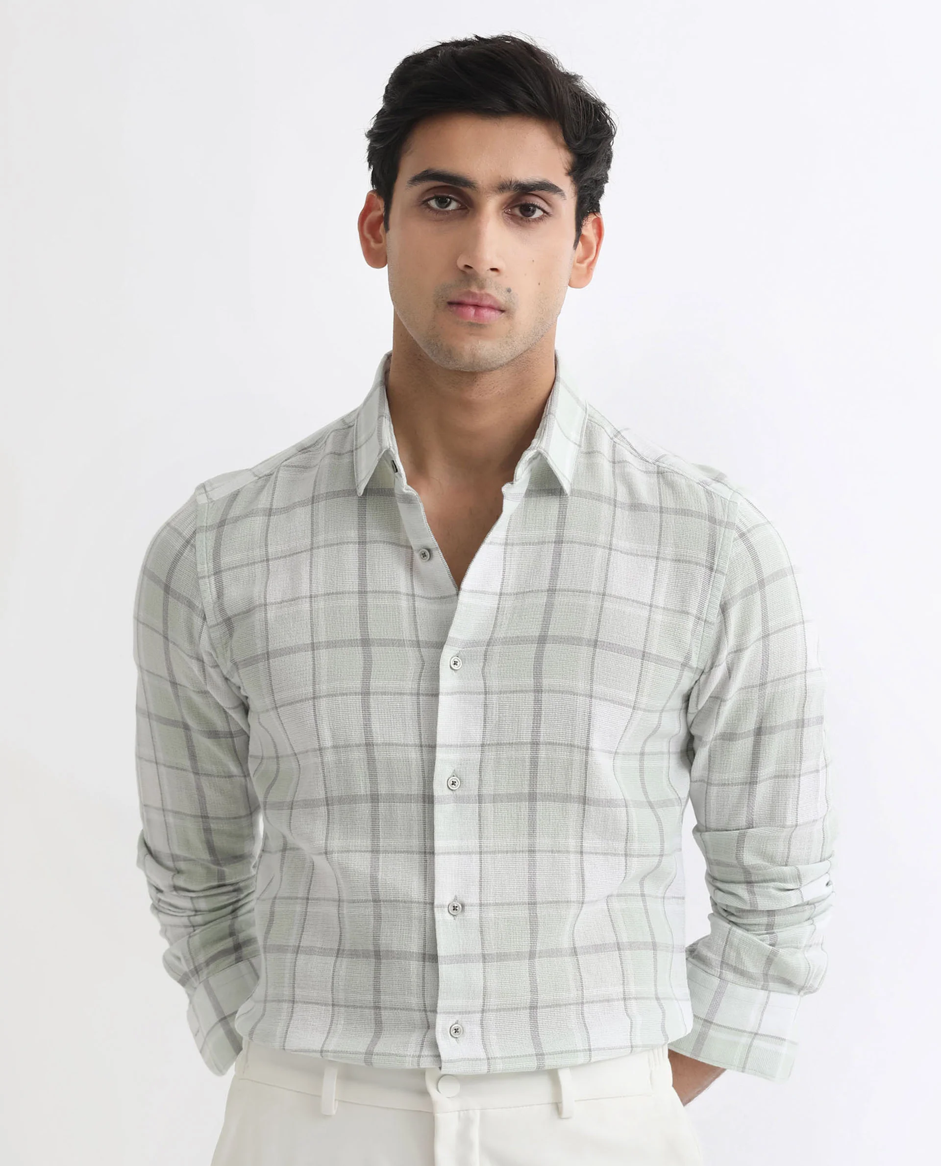Rare Rabbit Men's Tropea Light Green Cotton Checked Print Regular Fit Full Sleeve Collared Shirt