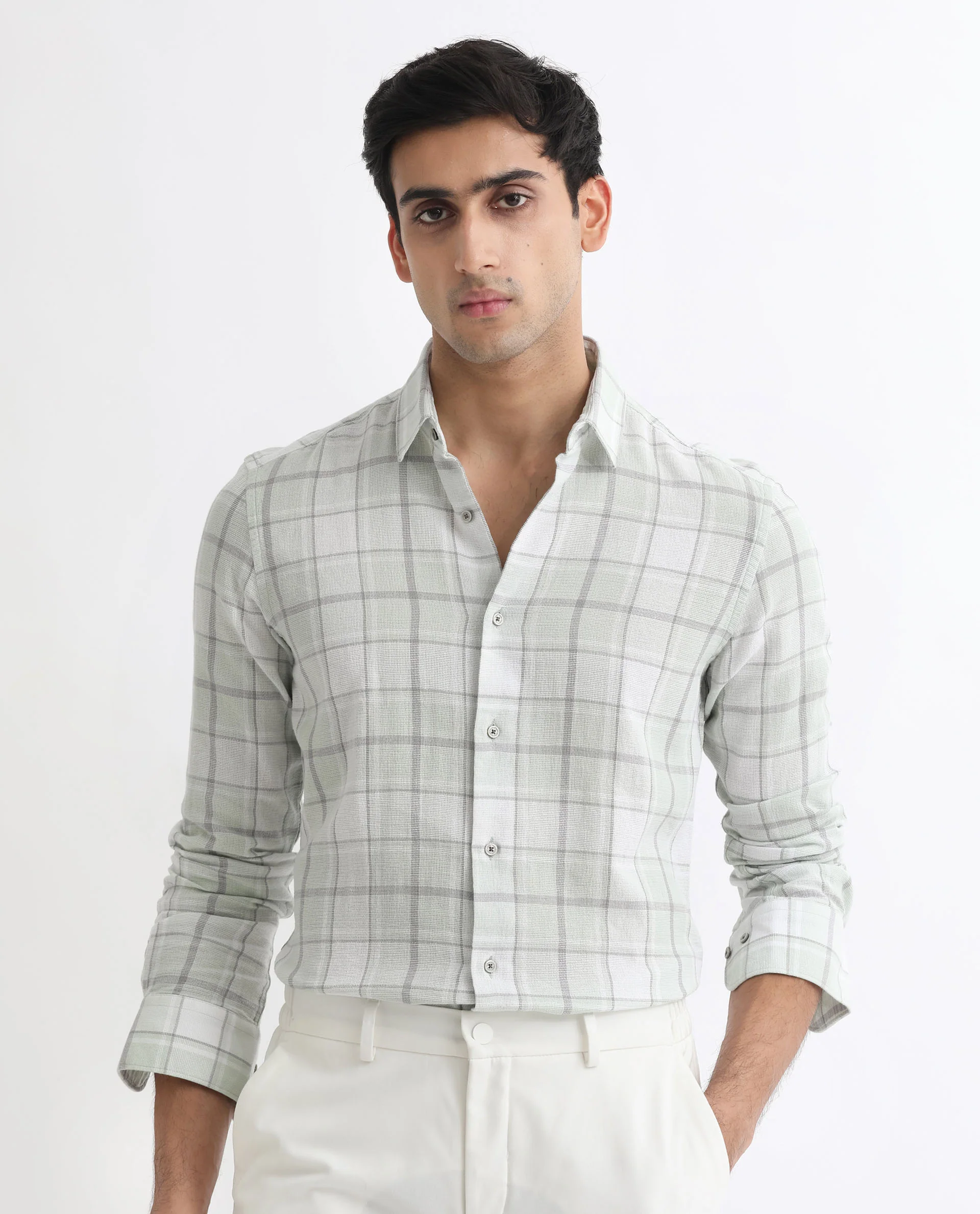 Rare Rabbit Men's Tropea Light Green Cotton Checked Print Regular Fit Full Sleeve Collared Shirt - Image 3