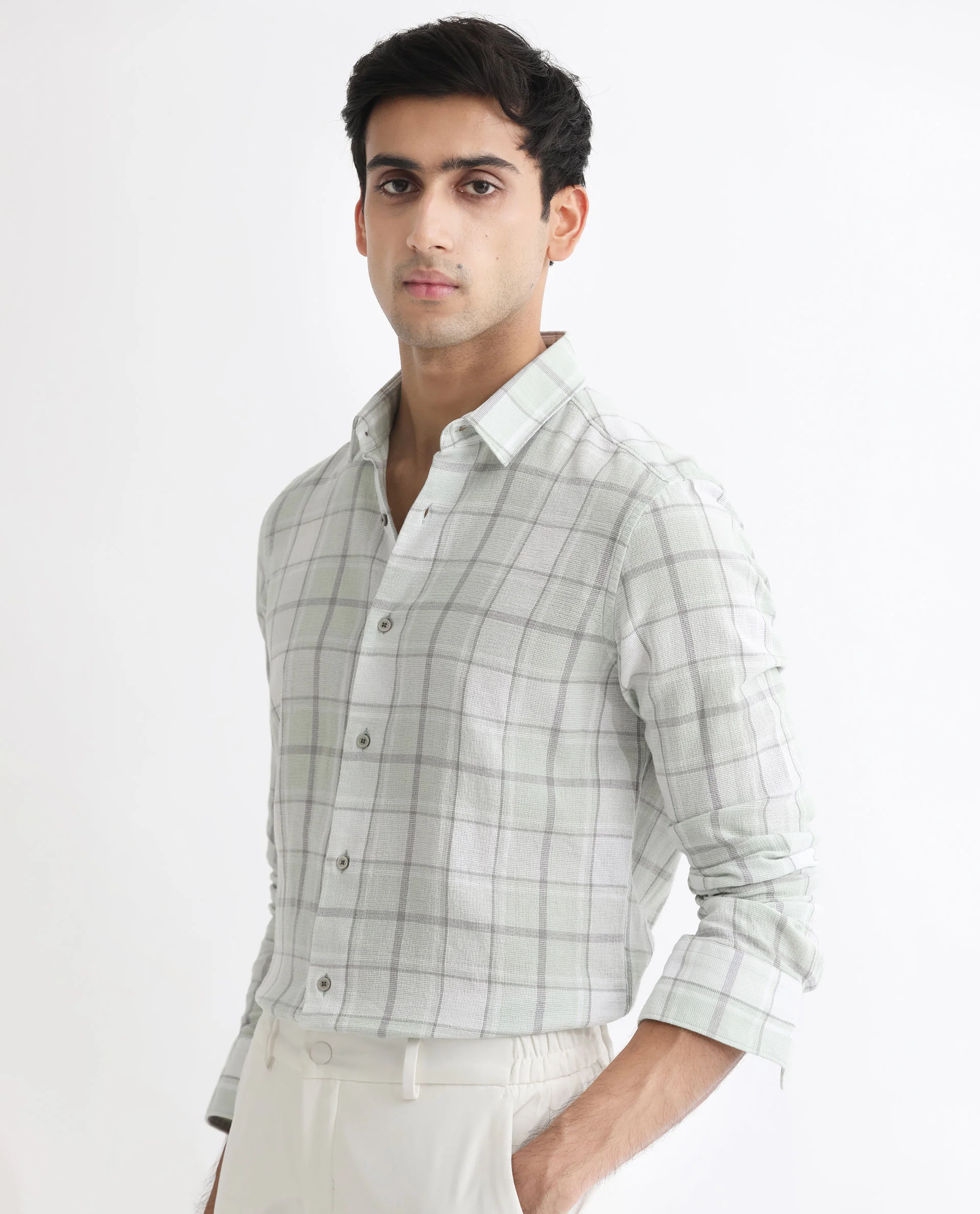 Rare Rabbit Men's Tropea Light Green Cotton Checked Print Regular Fit Full Sleeve Collared Shirt - Image 4
