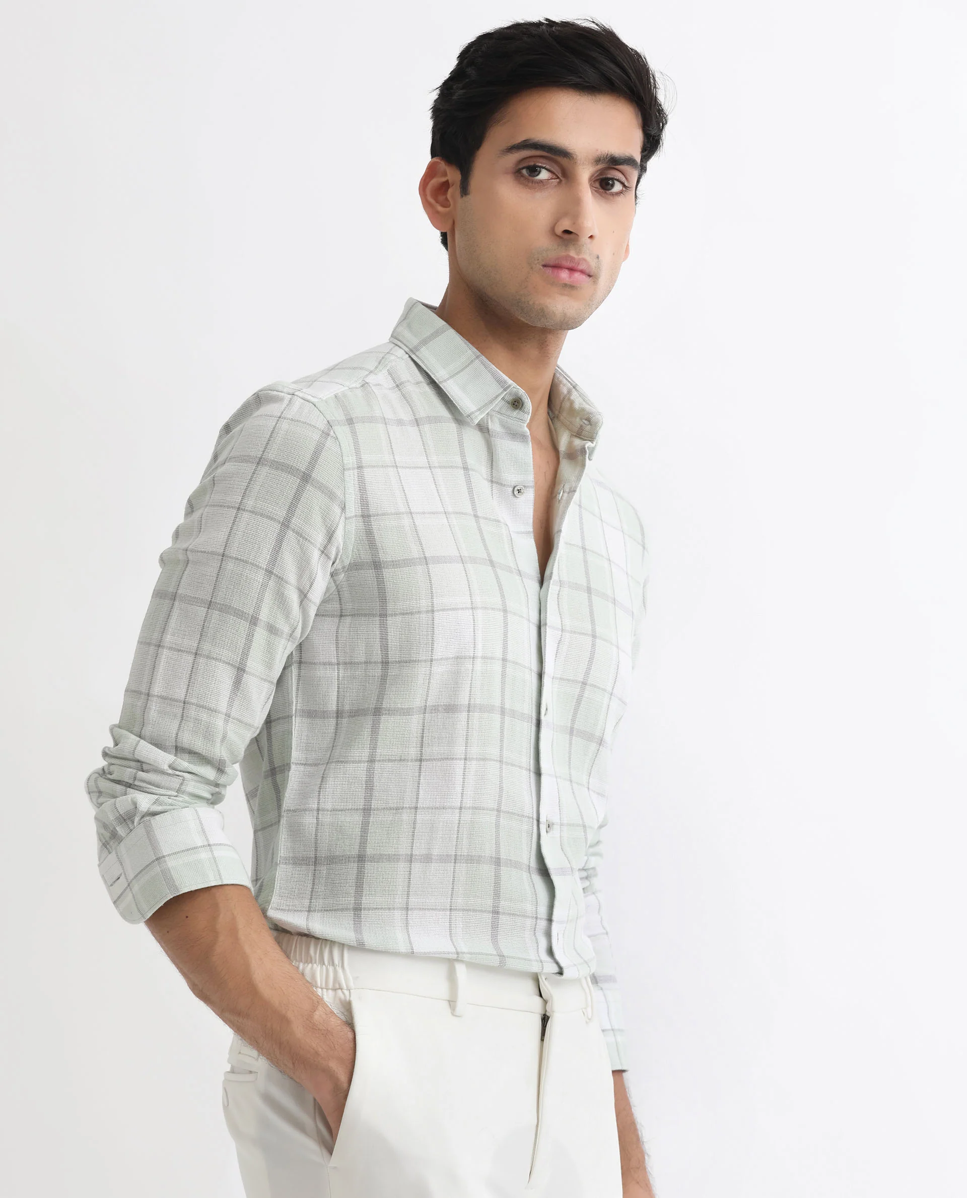 Rare Rabbit Men's Tropea Light Green Cotton Checked Print Regular Fit Full Sleeve Collared Shirt - Image 7