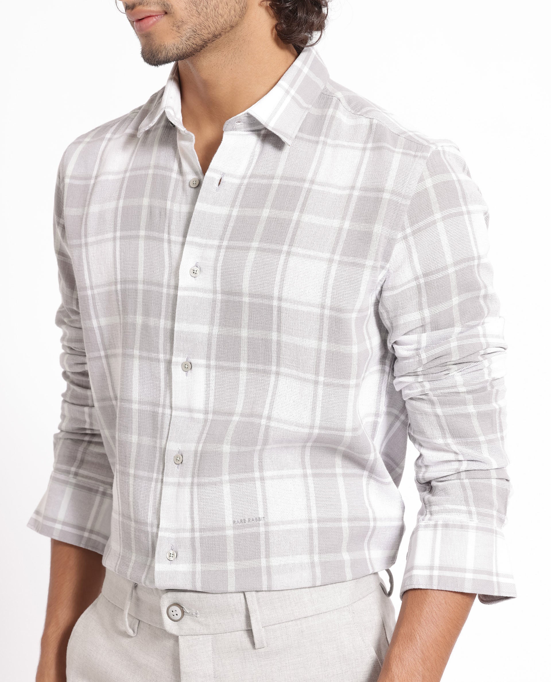 Rare Rabbit Men's Tropea Light Grey Cotton Checked Print Regular Fit Full Sleeve Collared Shirt - Image 10
