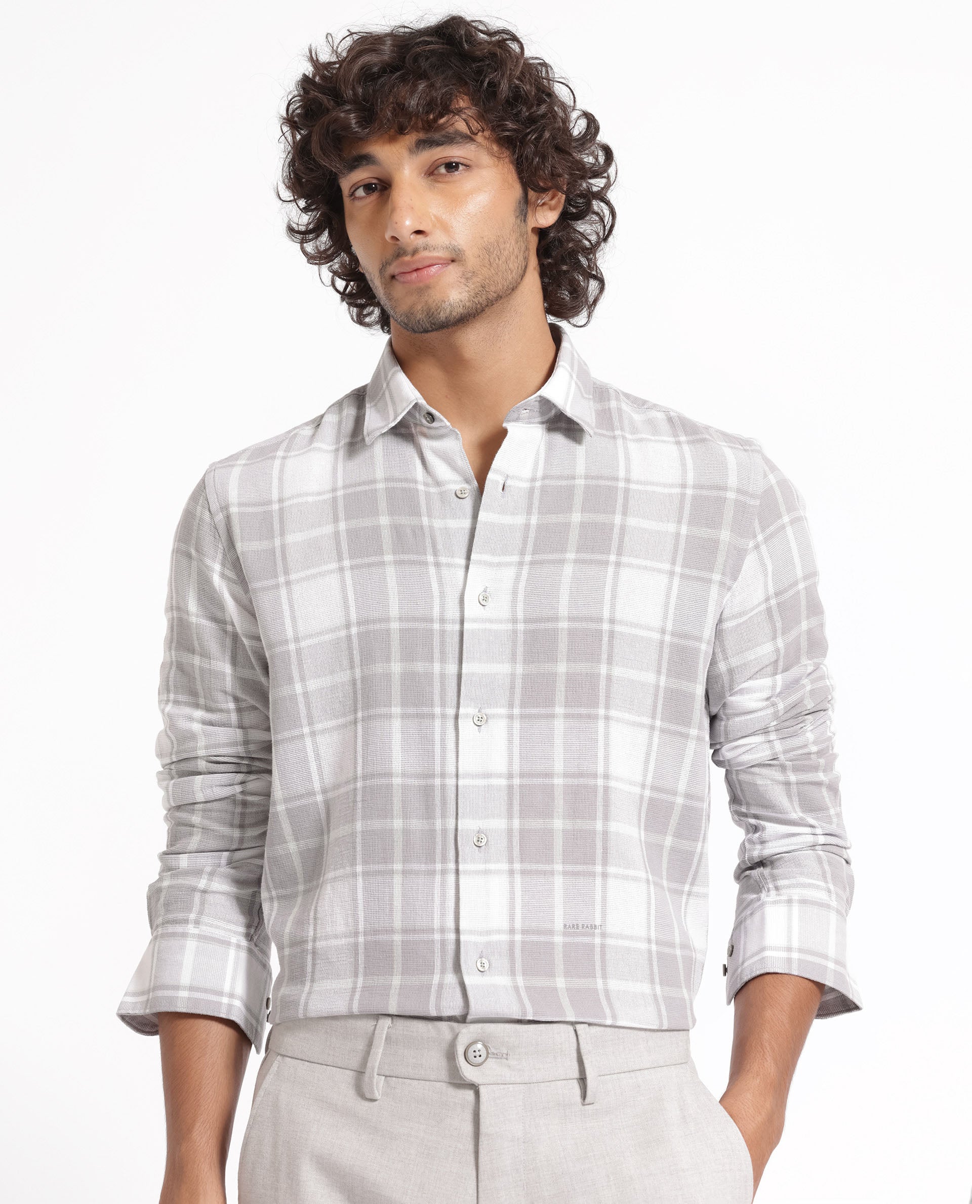 Rare Rabbit Men's Tropea Light Grey Cotton Checked Print Regular Fit Full Sleeve Collared Shirt - Image 11