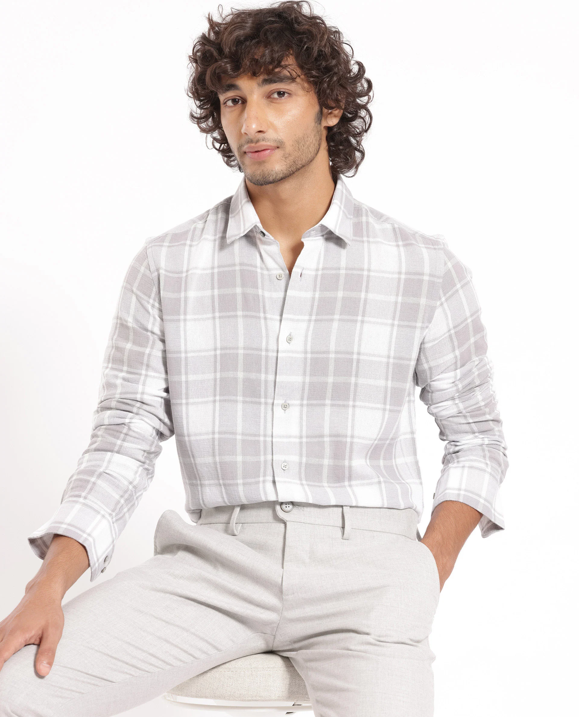 Rare Rabbit Men's Tropea Light Grey Cotton Checked Print Regular Fit Full Sleeve Collared Shirt - Image 2