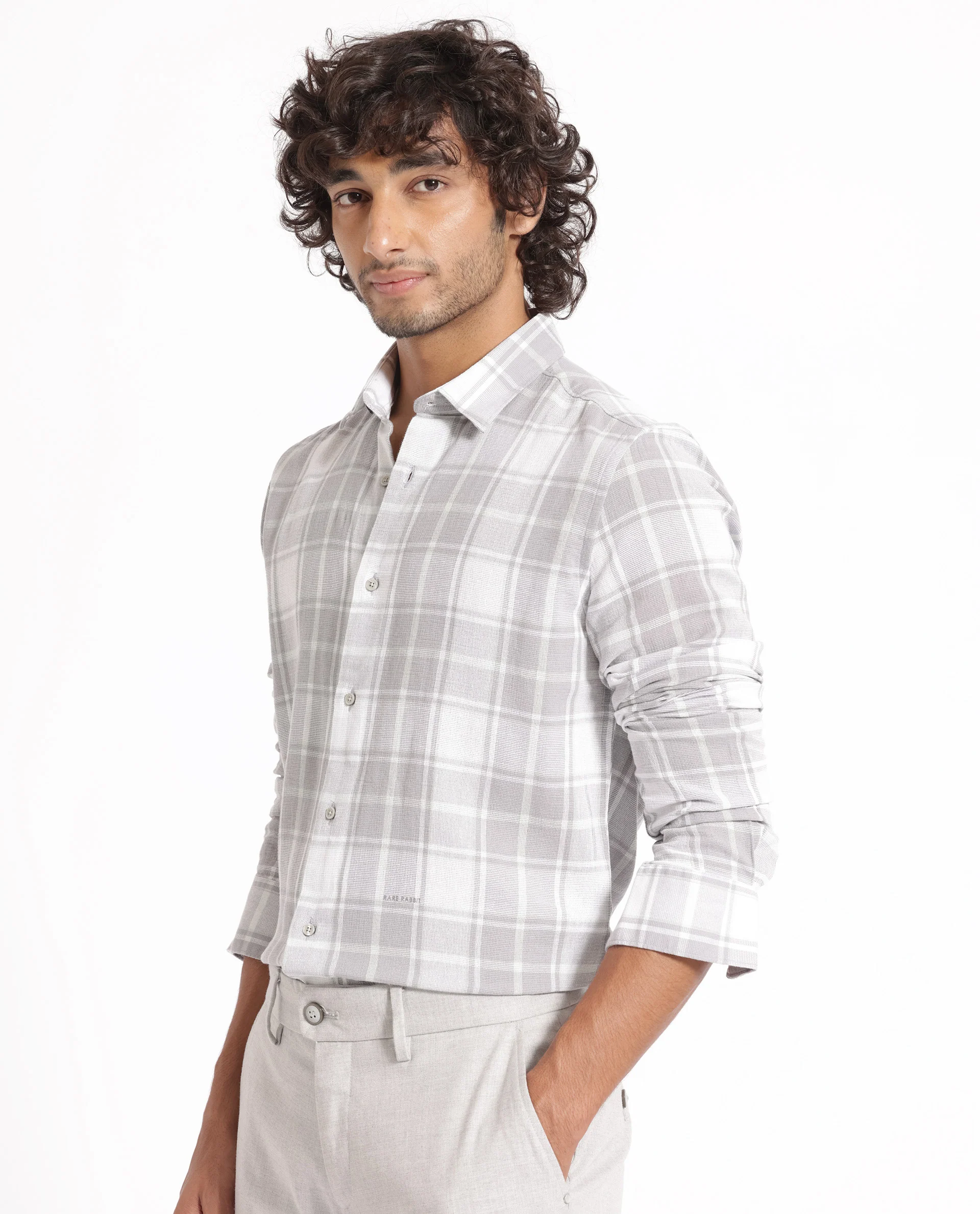 Rare Rabbit Men's Tropea Light Grey Cotton Checked Print Regular Fit Full Sleeve Collared Shirt - Image 5
