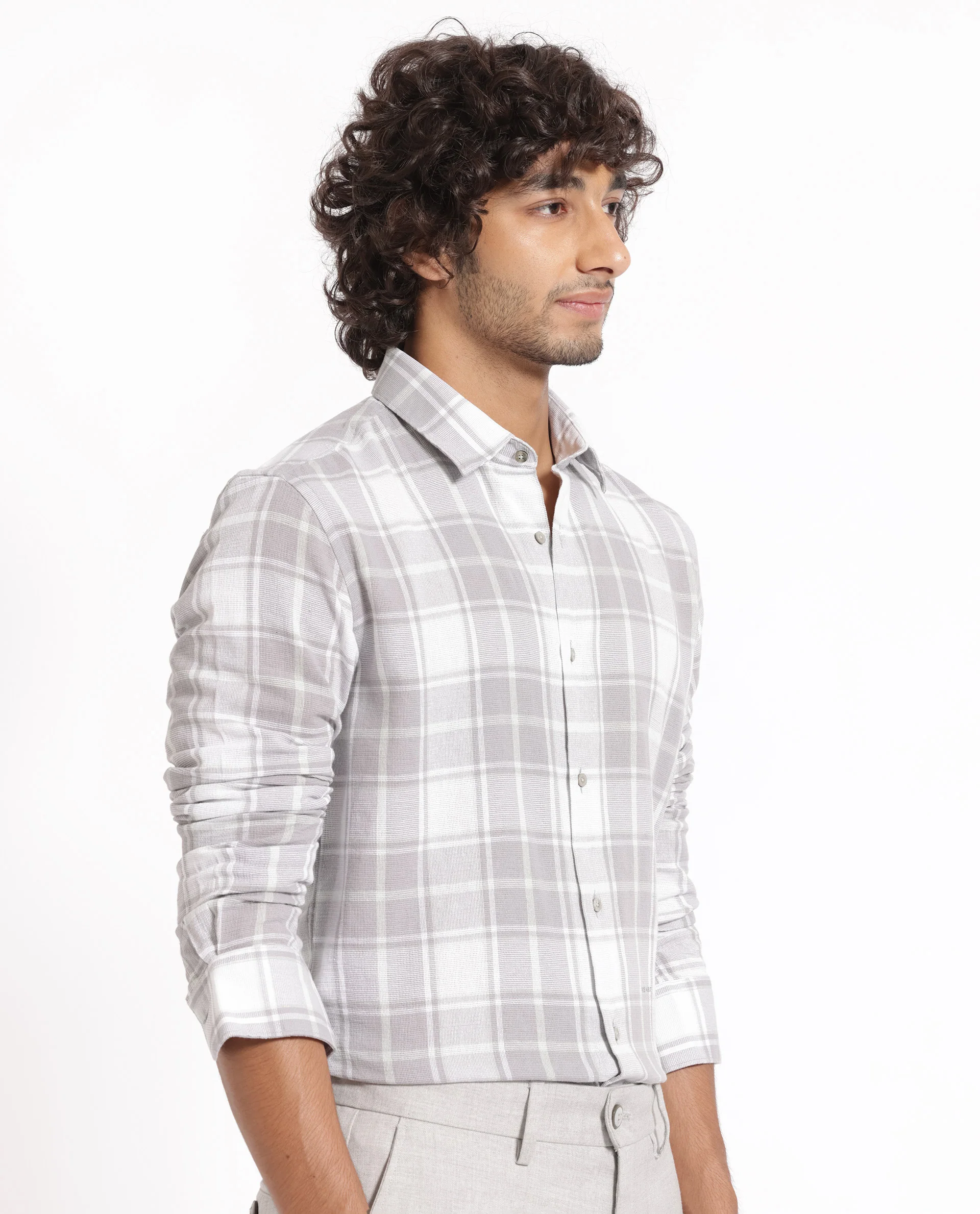 Rare Rabbit Men's Tropea Light Grey Cotton Checked Print Regular Fit Full Sleeve Collared Shirt - Image 6