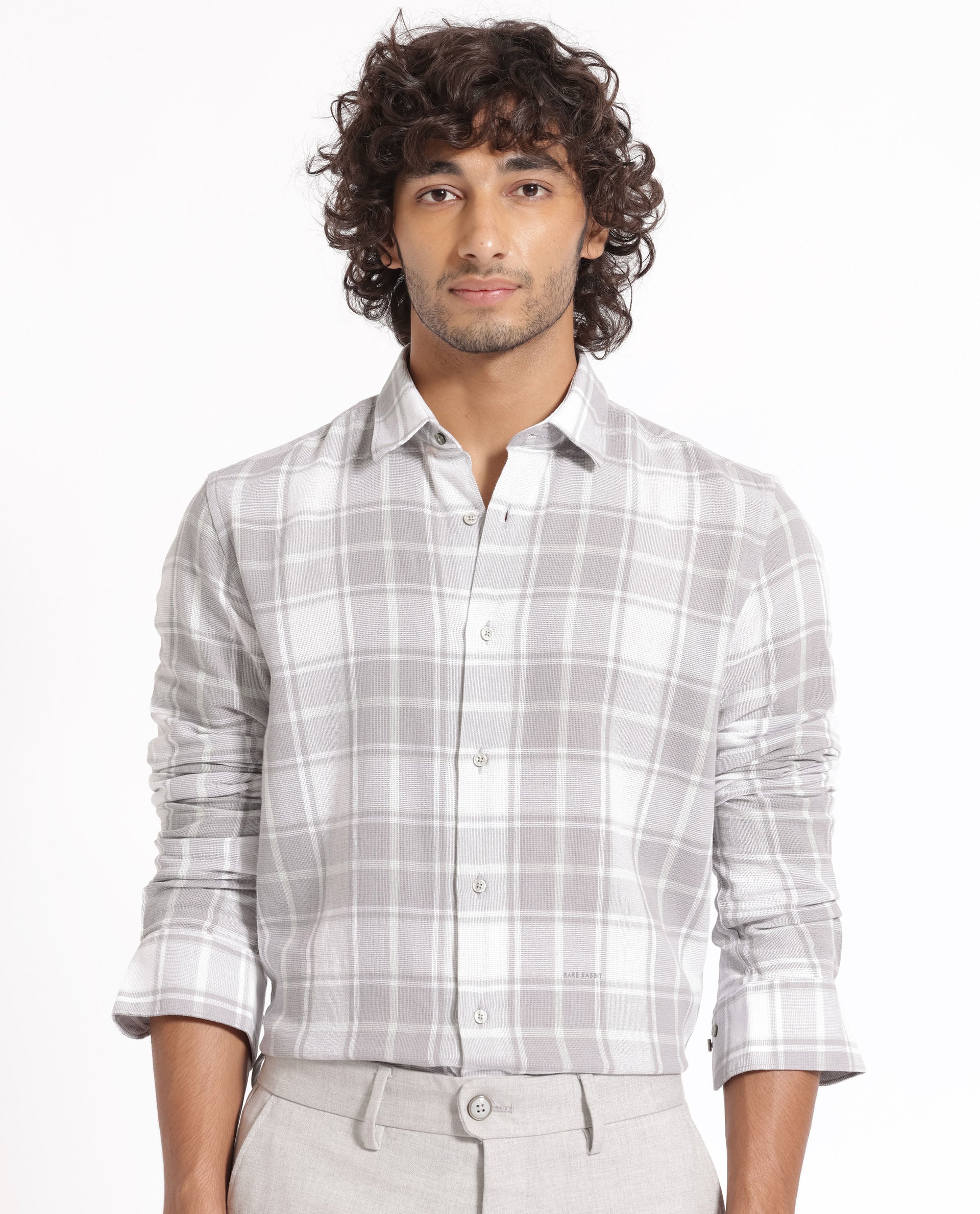 Rare Rabbit Men's Tropea Light Grey Cotton Checked Print Regular Fit Full Sleeve Collared Shirt - Image 7