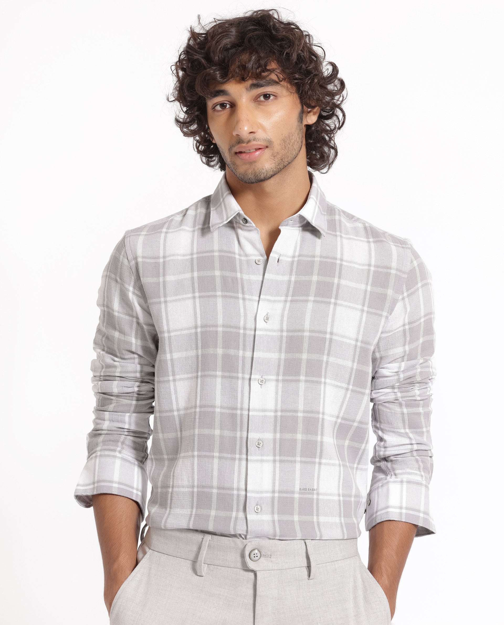 Rare Rabbit Men's Tropea Light Grey Cotton Checked Print Regular Fit Full Sleeve Collared Shirt - Image 8