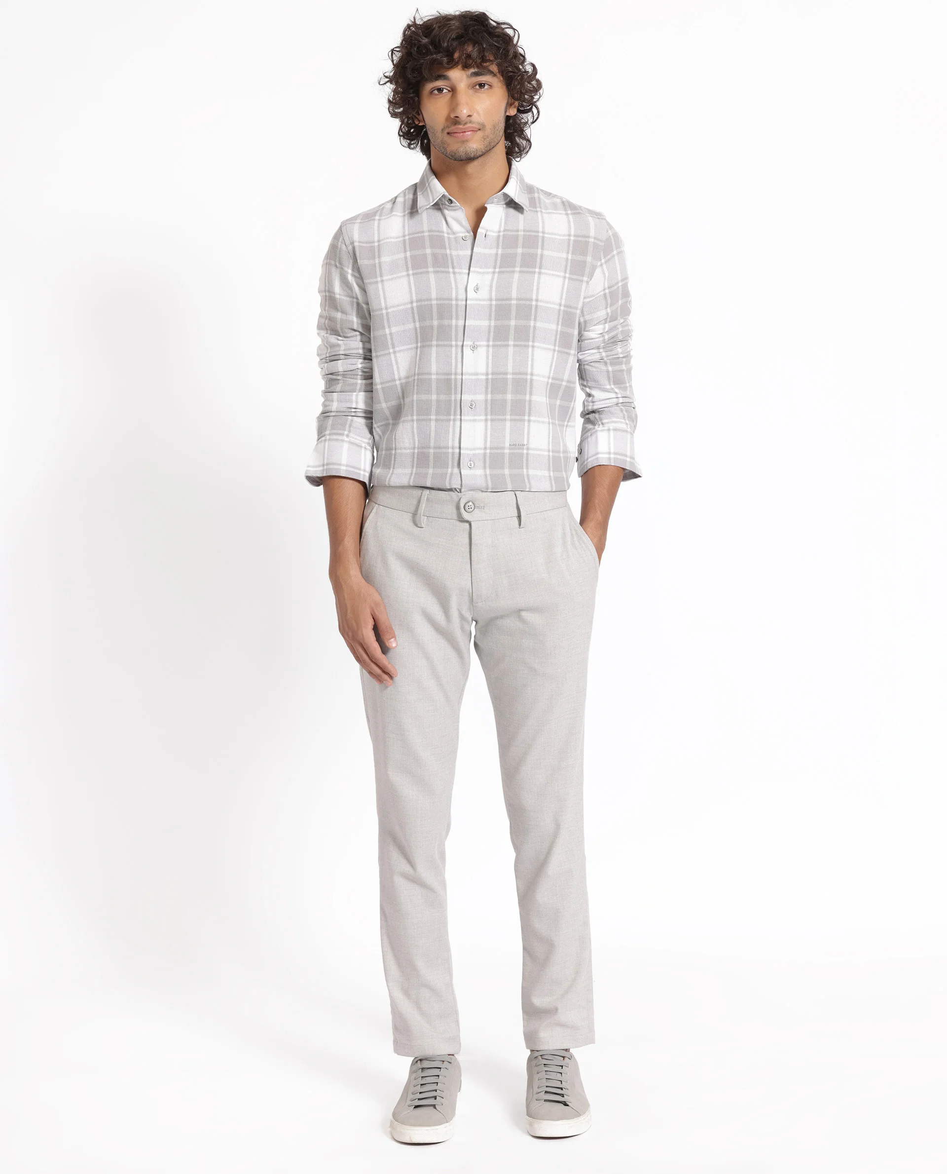 Rare Rabbit Men's Tropea Light Grey Cotton Checked Print Regular Fit Full Sleeve Collared Shirt - Image 9