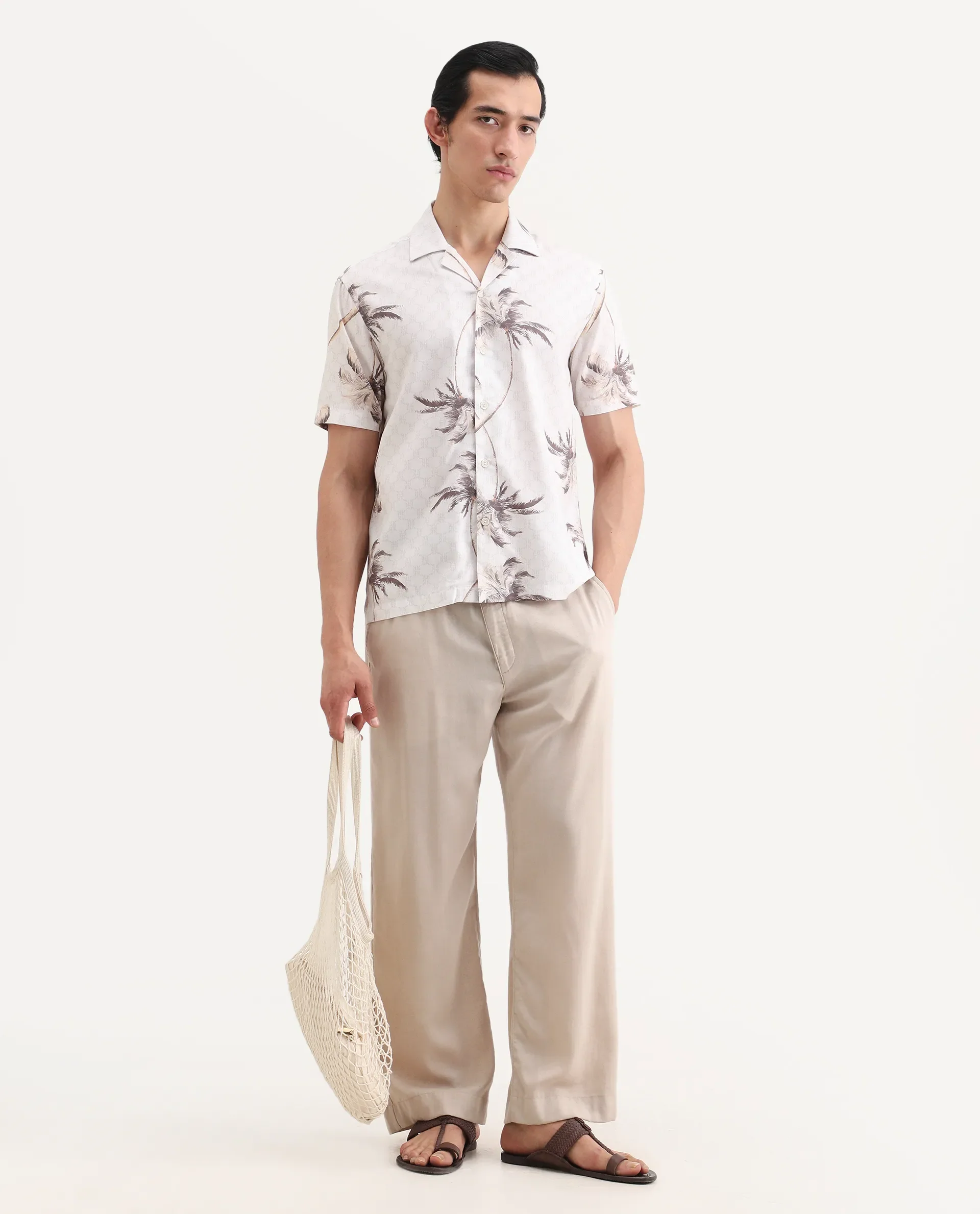 Rare Rabbit Men's Tropi Beige Cotton Blend Fabric Half Sleeve Spread Collar Regular Fit Tropical Print Shirt - Image 2