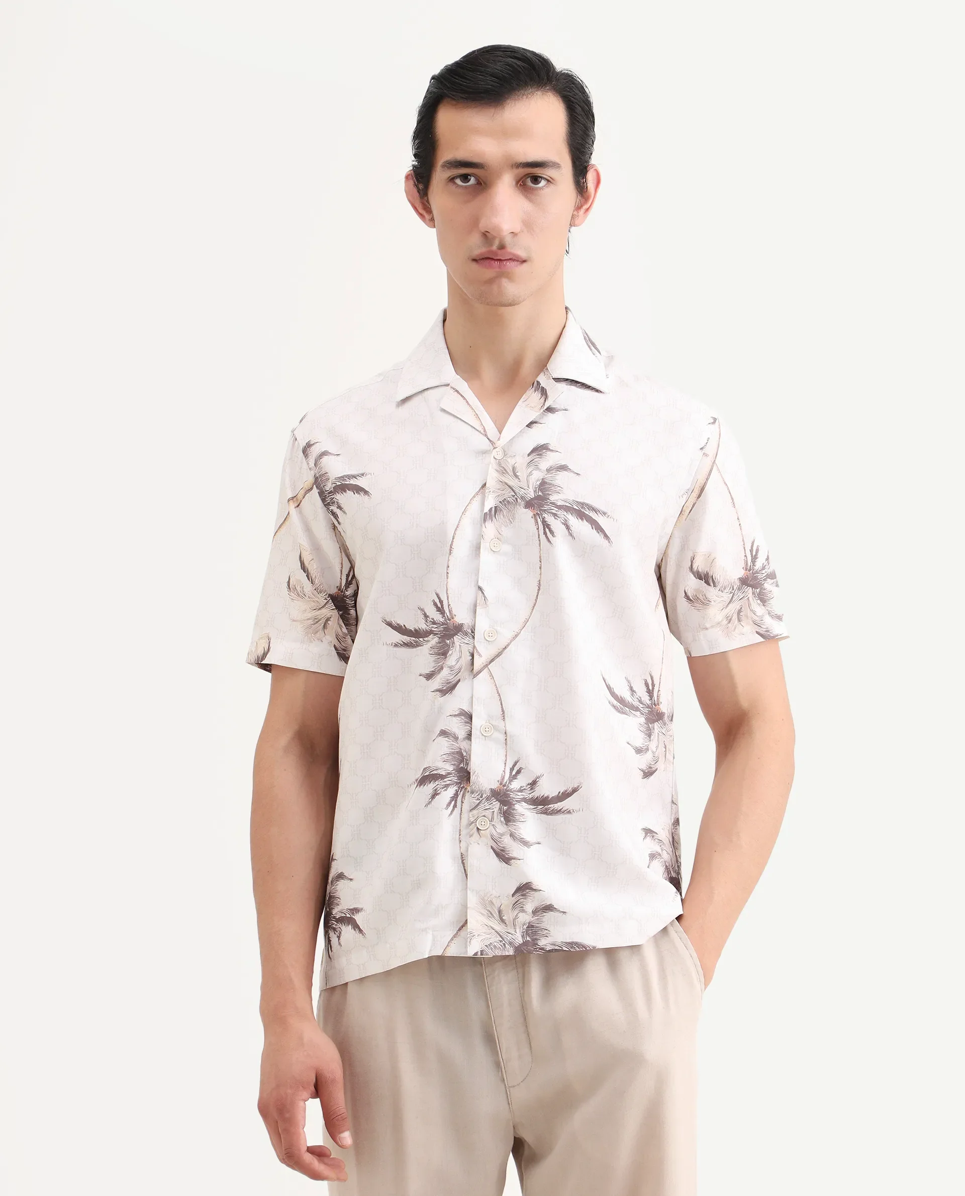 Rare Rabbit Men's Tropi Beige Cotton Blend Fabric Half Sleeve Spread Collar Regular Fit Tropical Print Shirt - Image 3