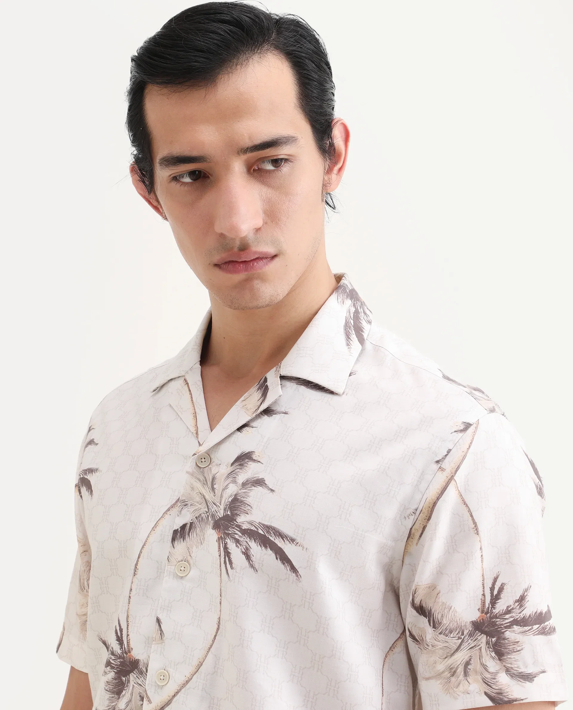 Rare Rabbit Men's Tropi Beige Cotton Blend Fabric Half Sleeve Spread Collar Regular Fit Tropical Print Shirt - Image 4