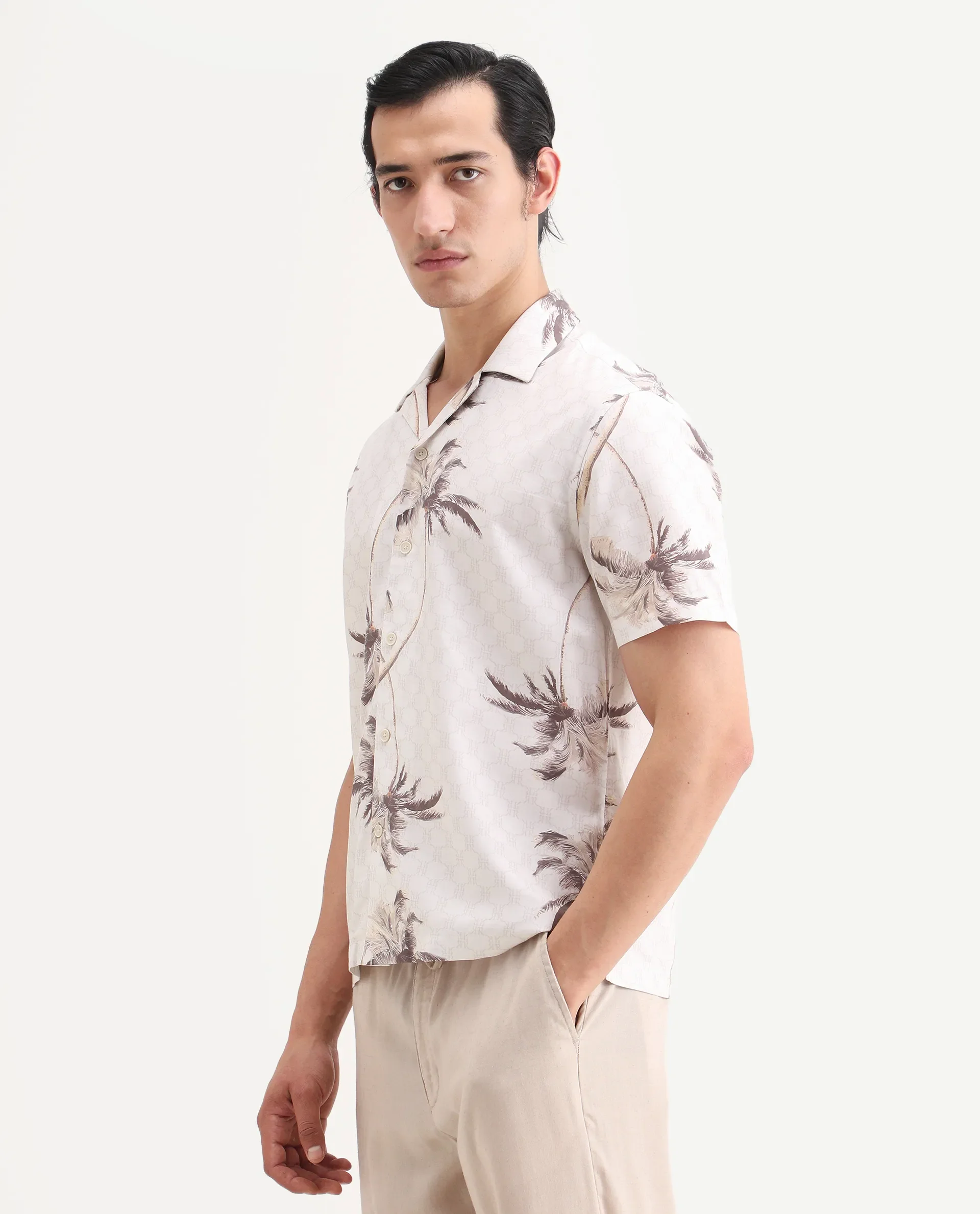 Rare Rabbit Men's Tropi Beige Cotton Blend Fabric Half Sleeve Spread Collar Regular Fit Tropical Print Shirt - Image 5