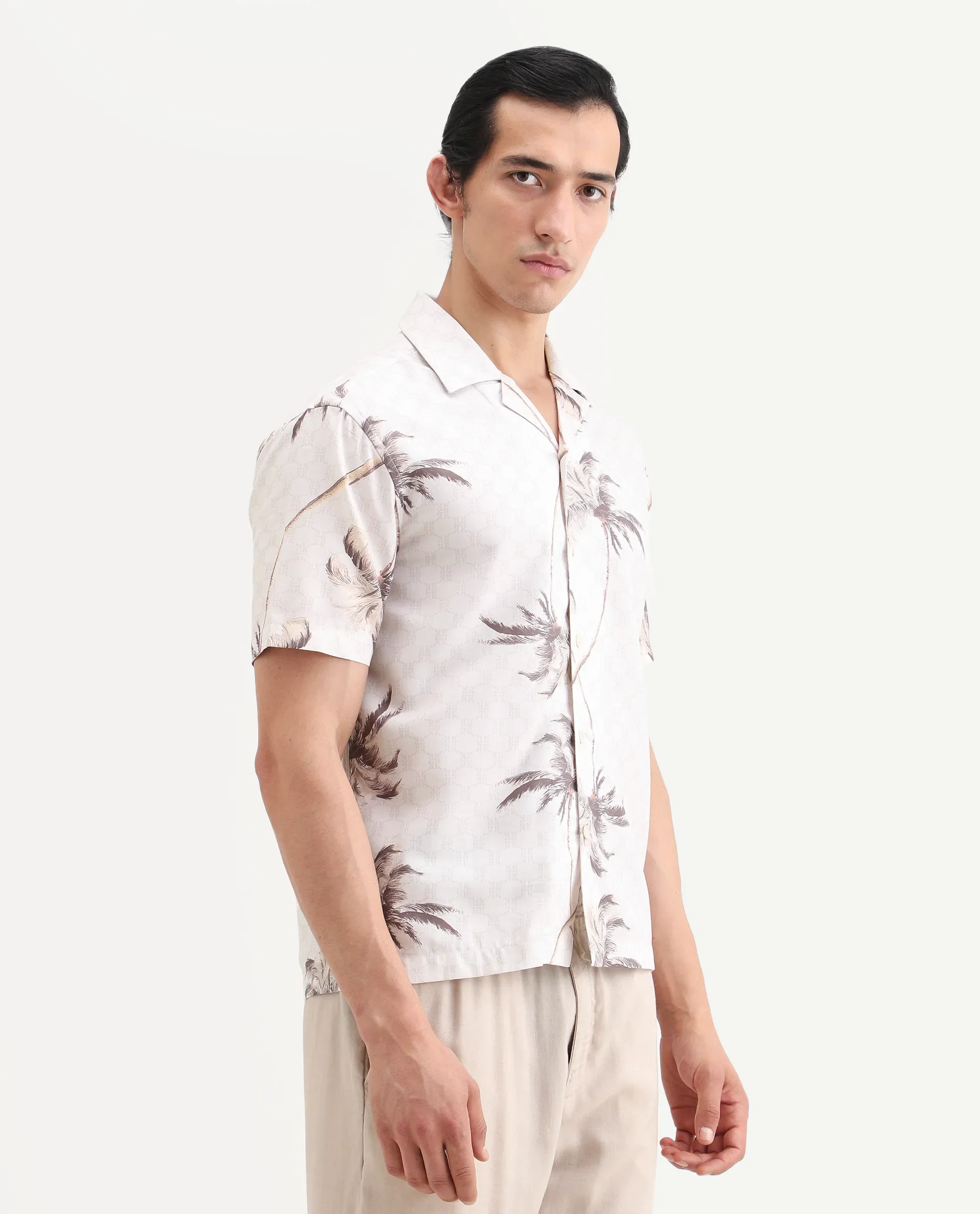 Rare Rabbit Men's Tropi Beige Cotton Blend Fabric Half Sleeve Spread Collar Regular Fit Tropical Print Shirt - Image 6