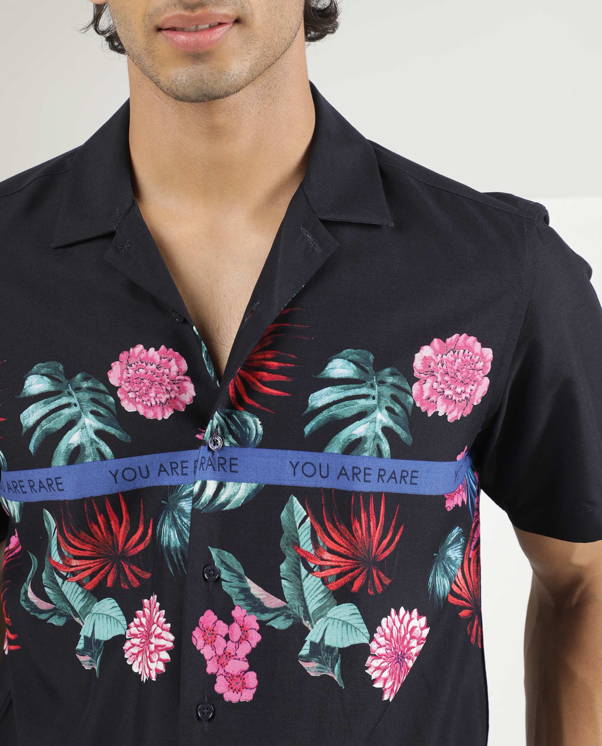 Rare Rabbit Men's Tropic Navy Viscose Tropical Print Regular Fit Half Sleeve Cuban Collar Shirt - Image 2