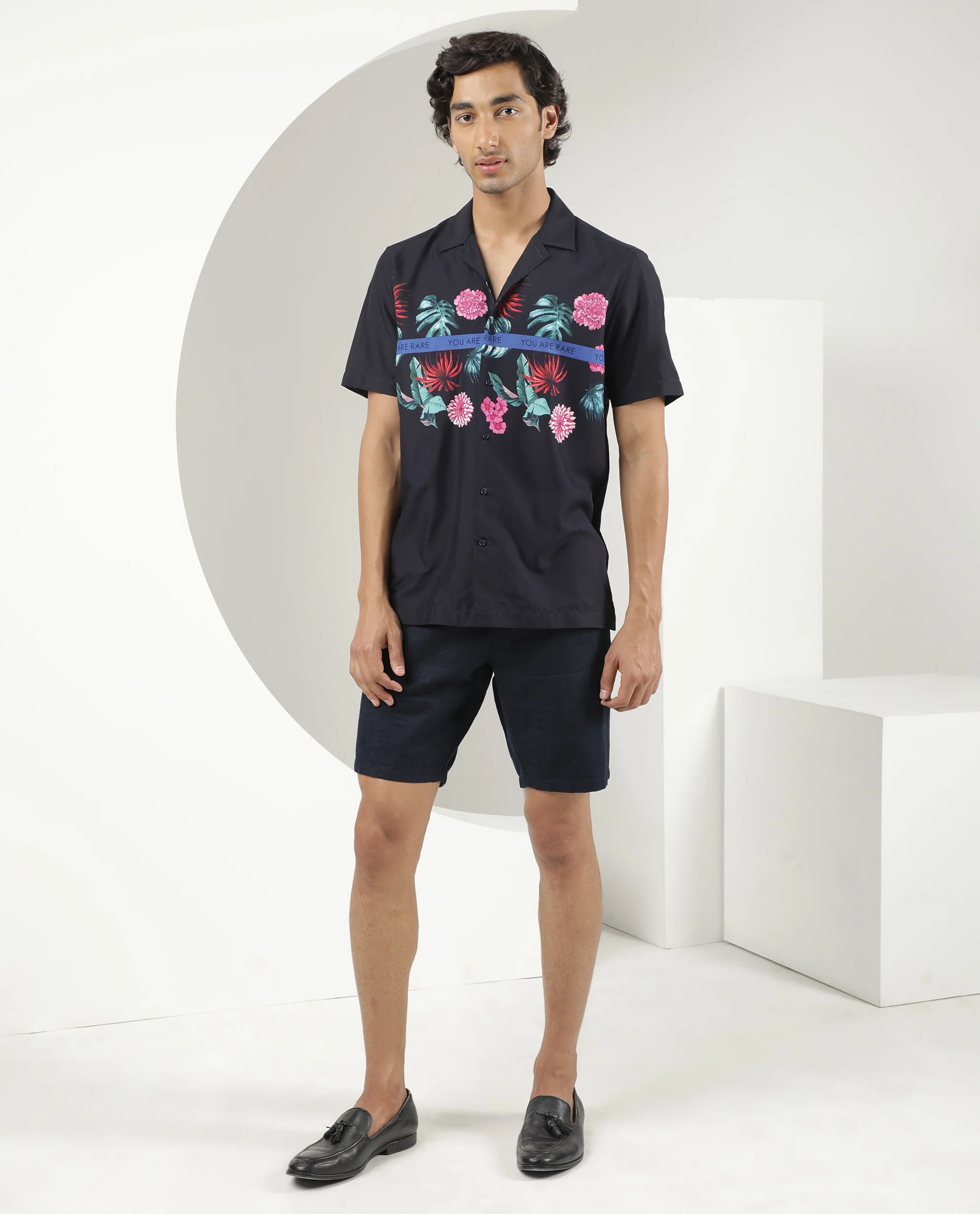 Rare Rabbit Men's Tropic Navy Viscose Tropical Print Regular Fit Half Sleeve Cuban Collar Shirt - Image 3